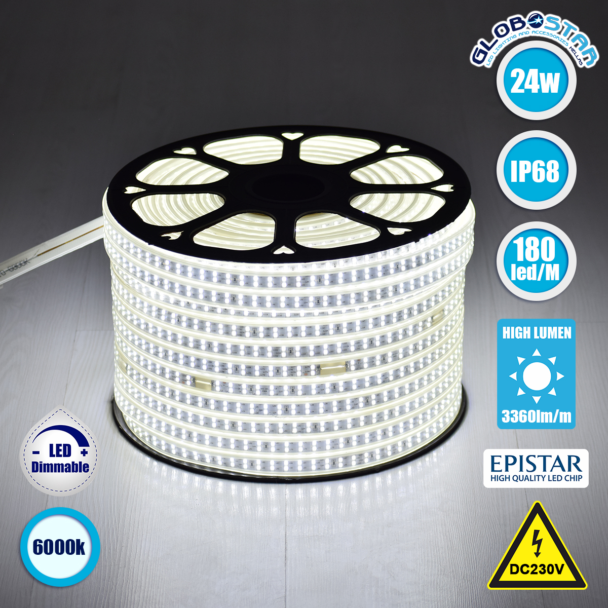 70510_1 GLOBOSTAR® EPIWIDE 70510 Ταινία LED 24W/m 2400lm/m 120° DC 220-240V Αδιάβροχη IP65 180 x SMD2835 Chip/m Ψυχρό Λευκό 6000K Dimmable - Epistar SMD Chip - M100 x Π1.6 x Υ0.7cm - 3 Χρόνια Εγγύηση - Image 1