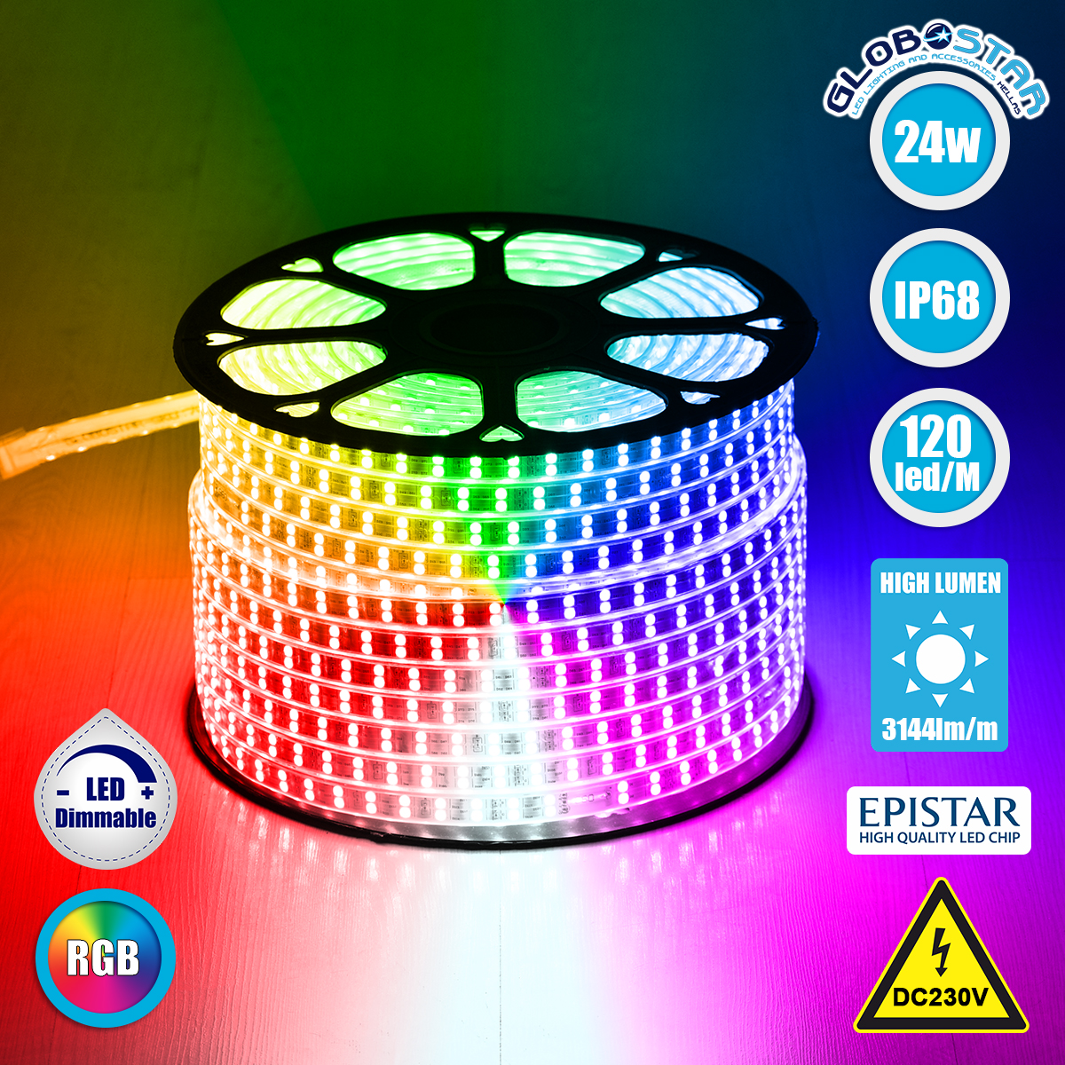 70517_1 GLOBOSTAR® EPIWIDE 70517 Ταινία LED 24W/m 1560lm/m 120° DC 220-240V Αδιάβροχη IP65 120 x SMD5050 Chip/m Πολύχρωμο RGB Dimmable - Epistar SMD Chip - M100 x Π1.7 x Υ0.7cm - 3 Χρόνια Εγγύηση - Image 1