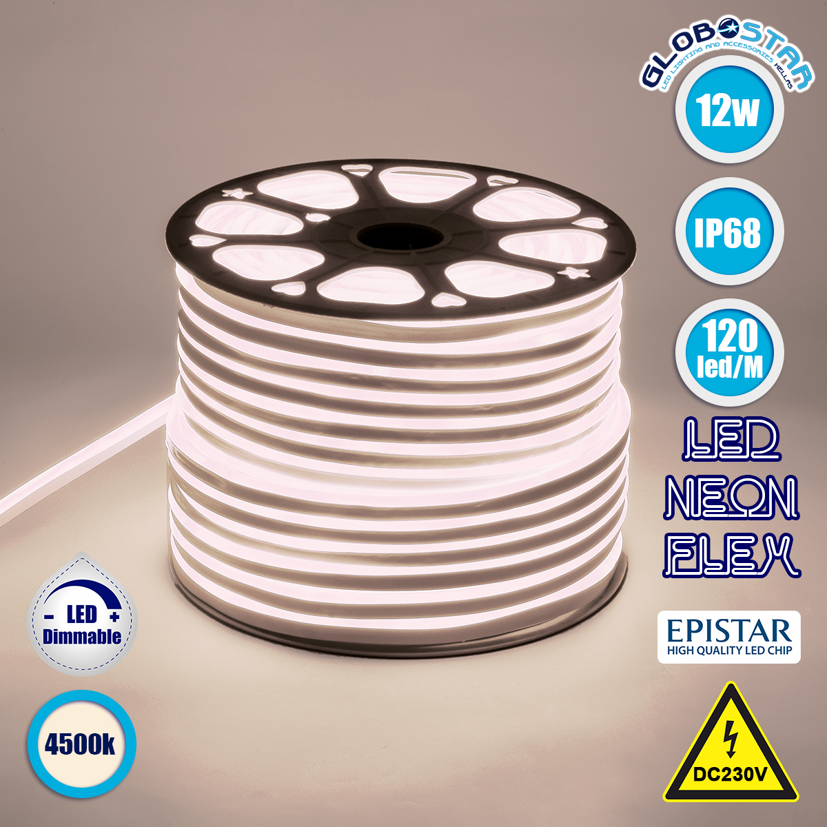 70571_1 GLOBOSTAR® NEOVALE 70571 Ταινία Neon Flex LED 12W/m 960lm/m 120° DC 220-240V Αδιάβροχο IP65 120 x SMD2835 Chip/m Φυσικό Λευκό 4500K Dimmable - Sanan SMD Chip - Μ100 x Π0.8 x Υ1.6cm - 3 Χρόνια Εγγύηση - Image 1