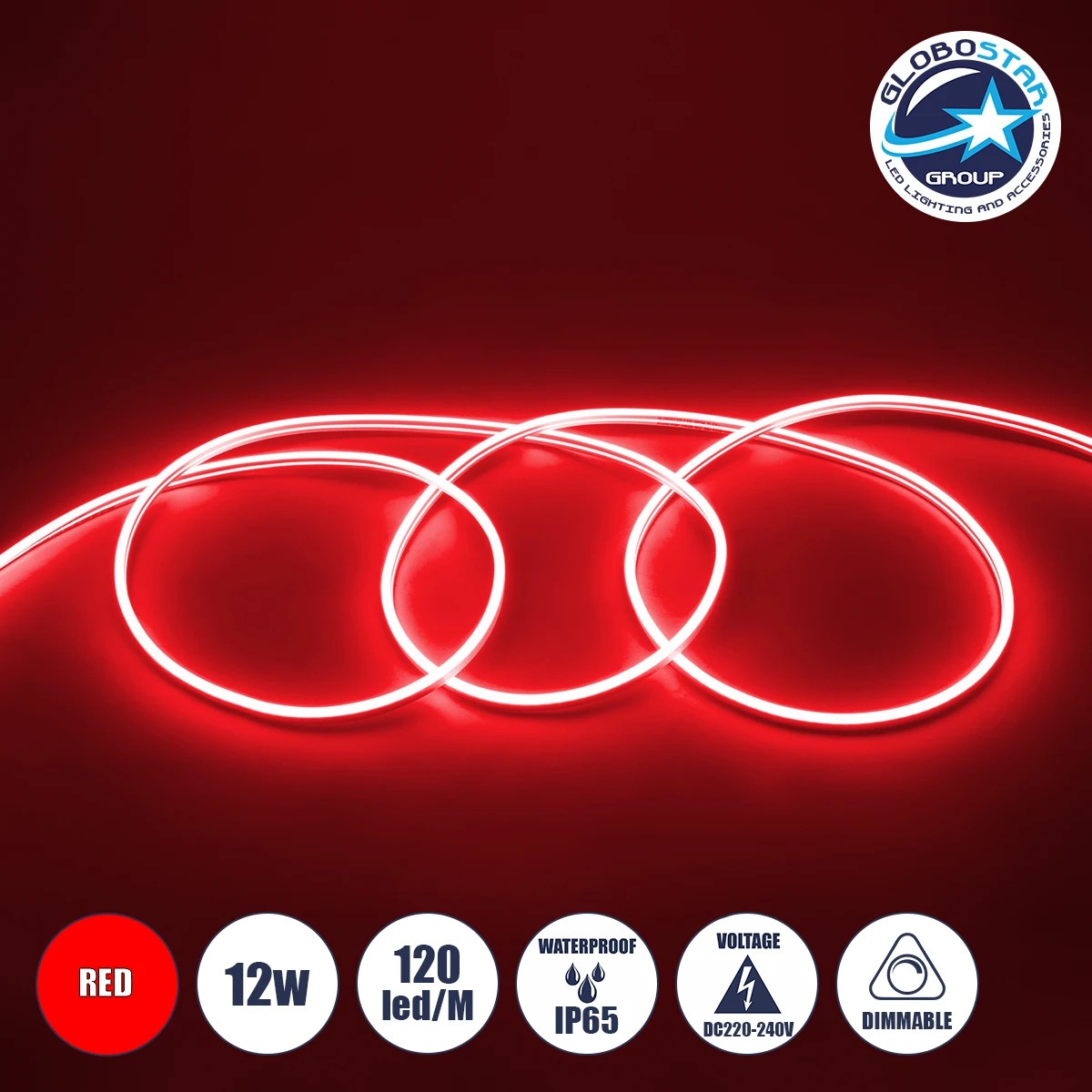 70573_1 GLOBOSTAR® NEOVALE 70573 Ταινία Neon Flex LED 12W/m 600lm/m 120° DC 220-240V Αδιάβροχο IP65 120 x SMD2835 Chip/m Κόκκινο Dimmable - Sanan SMD Chip - Μ100 x Π0.8 x Υ1.6cm - 3 Χρόνια Εγγύηση - Image 1