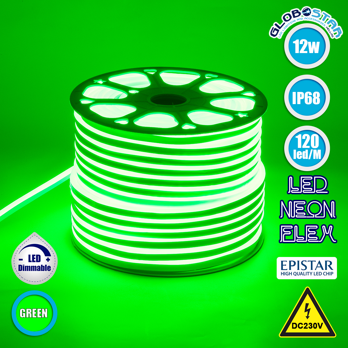70574_1 GLOBOSTAR® NEOVALE 70574 Ταινία Neon Flex LED 12W/m 600lm/m 120° DC 220-240V Αδιάβροχο IP65 120 x SMD2835 Chip/m Πράσινο Dimmable - Sanan SMD Chip - Μ100 x Π0.8 x Υ1.6cm - 3 Χρόνια Εγγύηση - Image 1