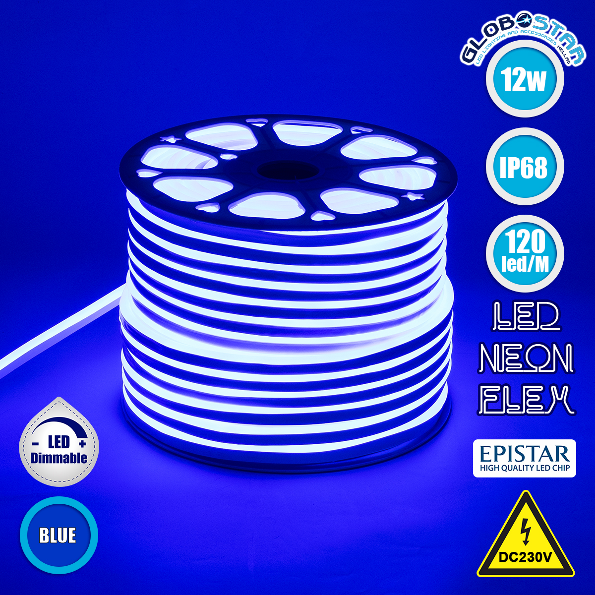 70575_1 GLOBOSTAR® NEOVALE 70575 Ταινία Neon Flex LED 12W/m 600lm/m 120° DC 220-240V Αδιάβροχο IP65 120 x SMD2835 Chip/m Μπλε Dimmable - Sanan SMD Chip - Μ100 x Π0.8 x Υ1.6cm - 3 Χρόνια Εγγύηση - Image 1