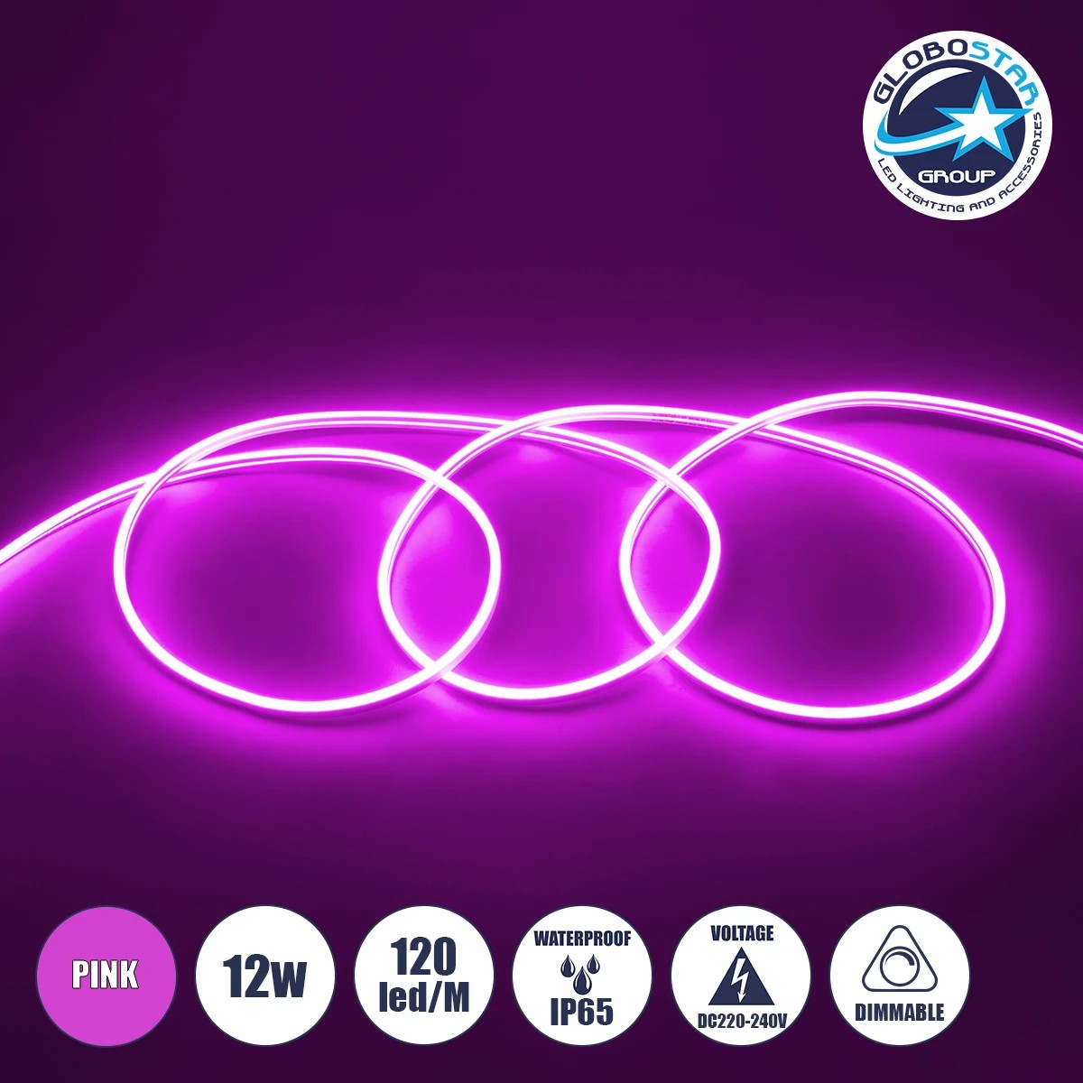70577_1 GLOBOSTAR® NEOVALE 70577 Ταινία Neon Flex LED 12W/m 600lm/m 120° DC 220-240V Αδιάβροχο IP65 120 x SMD2835 Chip/m Ροζ Dimmable - Sanan SMD Chip - Μ100 x Π0.8 x Υ1.6cm - 3 Χρόνια Εγγύηση - Image 1