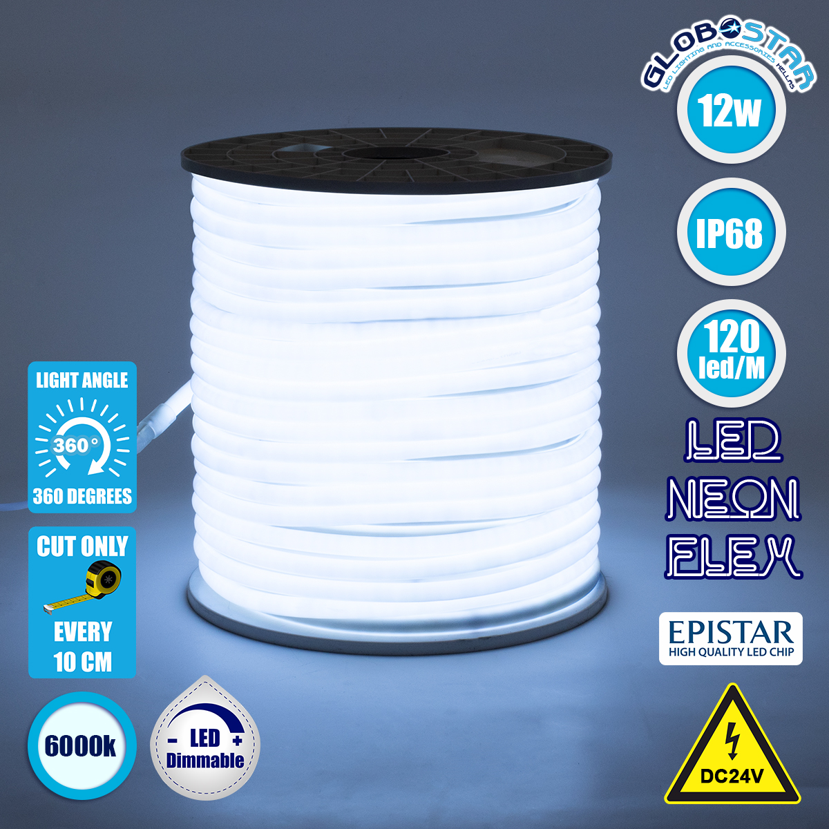 70580_1 GLOBOSTAR® NEOTUBE 70580 Ταινία Neon Flex LED 12W/m 1080lm/m 360° DC 24V Αδιάβροχο IP65 120 x SMD2835 Chip/m Ψυχρό Λευκό 6000K Dimmable - Sanan SMD Chip - Μ100 x Π1.3 x Υ1.3cm - 3 Χρόνια Εγγύηση - Image 1