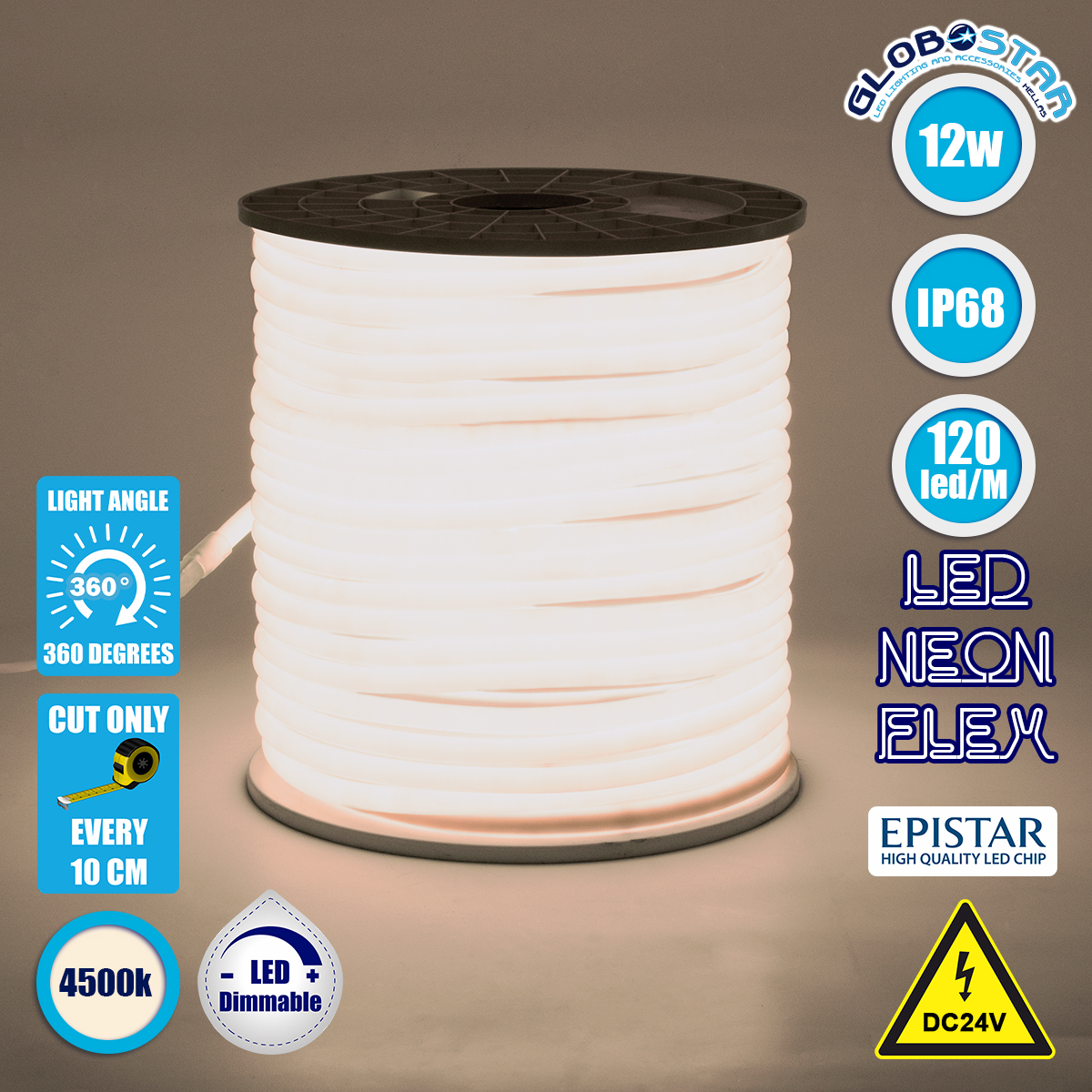 70581_1 GLOBOSTAR® NEOTUBE 70581 Ταινία Neon Flex LED 12W/m 960lm/m 360° DC 24V Αδιάβροχο IP65 120 x SMD2835 Chip/m Φυσικό Λευκό 4500K Dimmable - Sanan SMD Chip - Μ100 x Π1.3 x Υ1.3cm - 3 Χρόνια Εγγύηση - Image 1