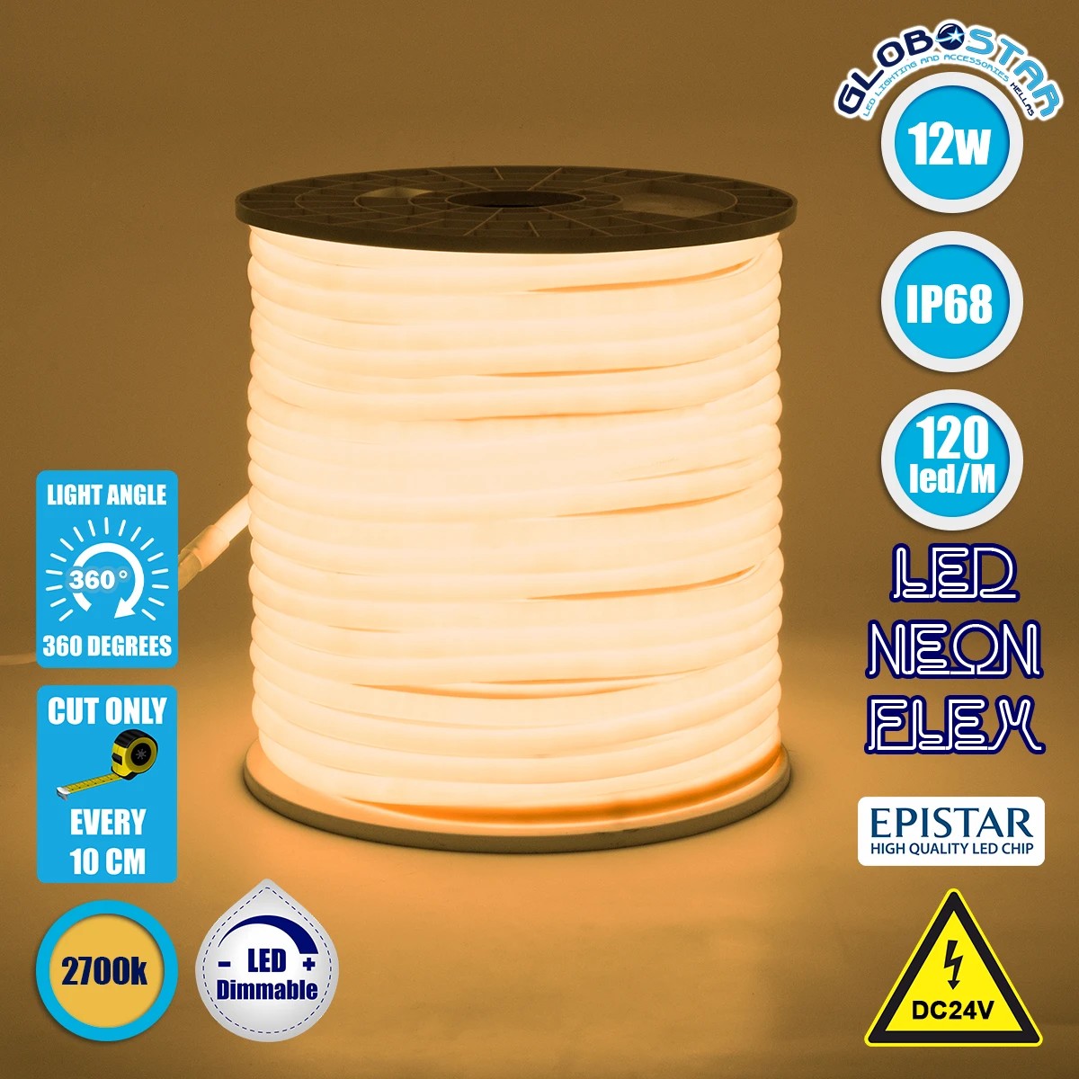 70582_1 GLOBOSTAR® NEOTUBE 70582 Ταινία Neon Flex LED 12W/m 840lm/m 360° DC 24V Αδιάβροχο IP65 120 x SMD2835 Chip/m Θερμό Λευκό 2700K Dimmable - Sanan SMD Chip - Μ100 x Π1.3 x Υ1.3cm - 3 Χρόνια Εγγύηση - Image 1
