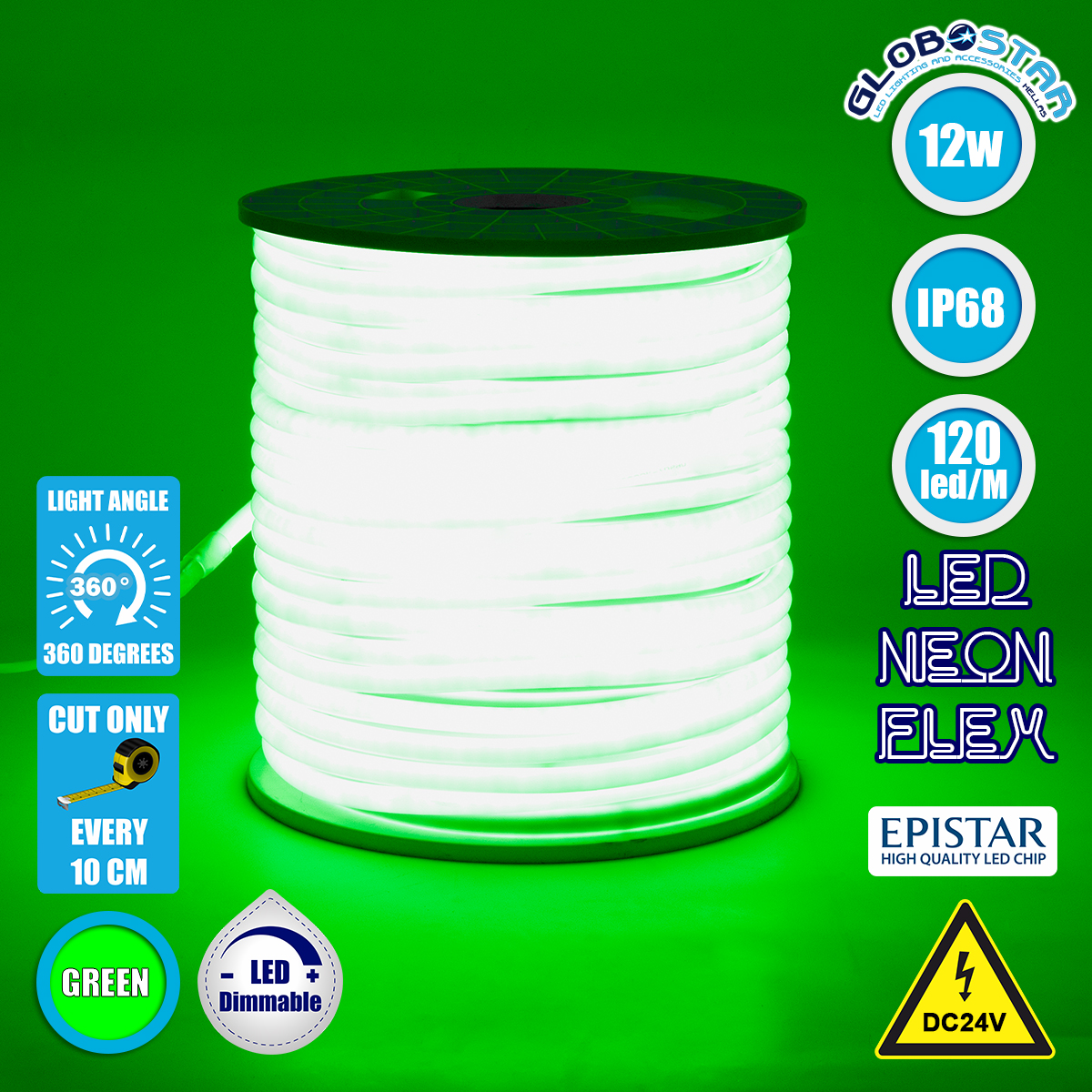 70584_1 GLOBOSTAR® NEOTUBE 70584 Ταινία Neon Flex LED 12W/m 600lm/m 360° DC 24V Αδιάβροχο IP65 120 x SMD2835 Chip/m Πράσινο Dimmable - Sanan SMD Chip - Μ100 x Π1.3 x Υ1.3cm - 3 Χρόνια Εγγύηση - Image 1