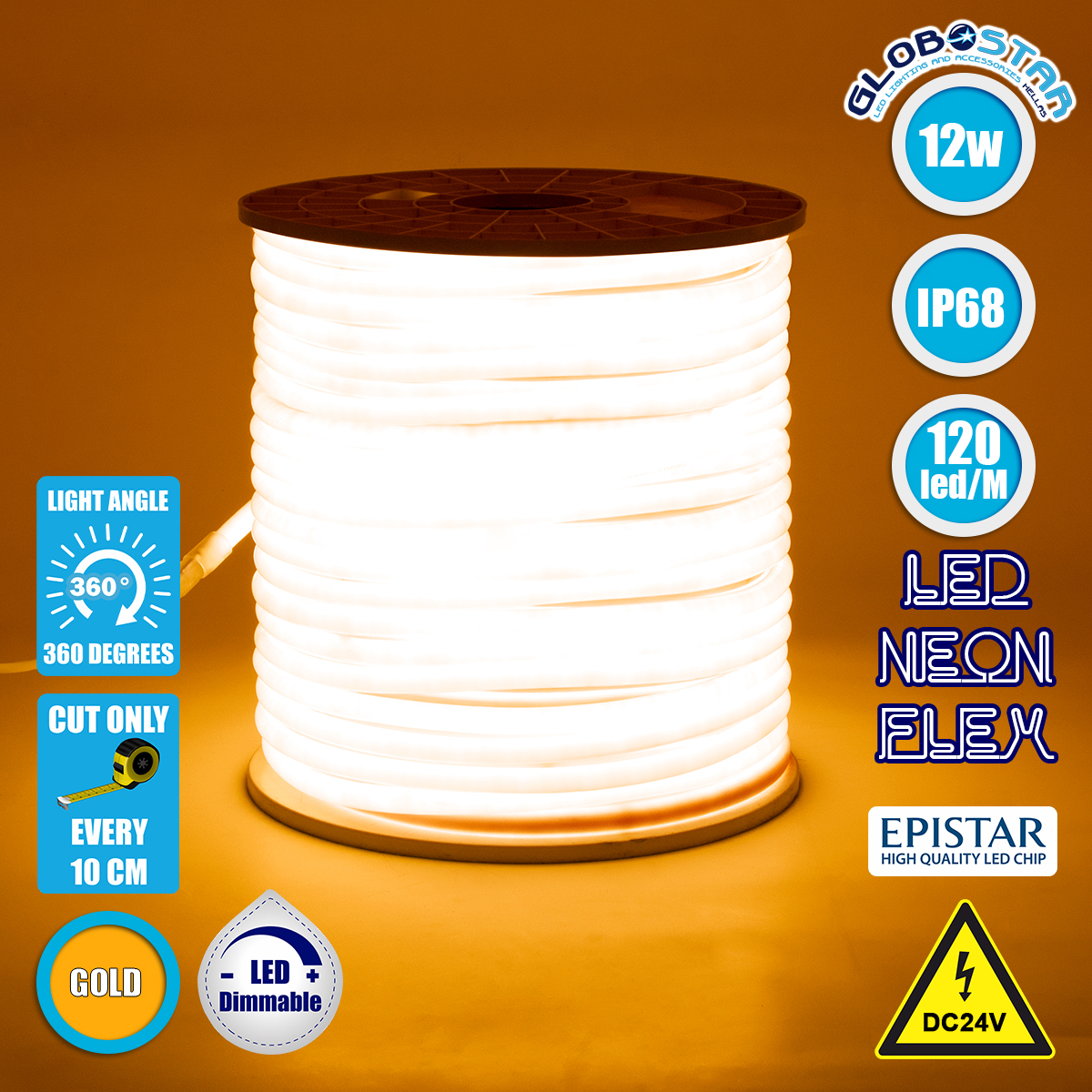 70586_1 GLOBOSTAR® NEOTUBE 70586 Ταινία Neon Flex LED 12W/m 720lm/m 360° DC 24V Αδιάβροχο IP65 120 x SMD2835 Chip/m Ultra Θερμό Λευκό 2200K Dimmable - Sanan SMD Chip - Μ100 x Π1.3 x Υ1.3cm - 3 Χρόνια Εγγύηση - Image 1