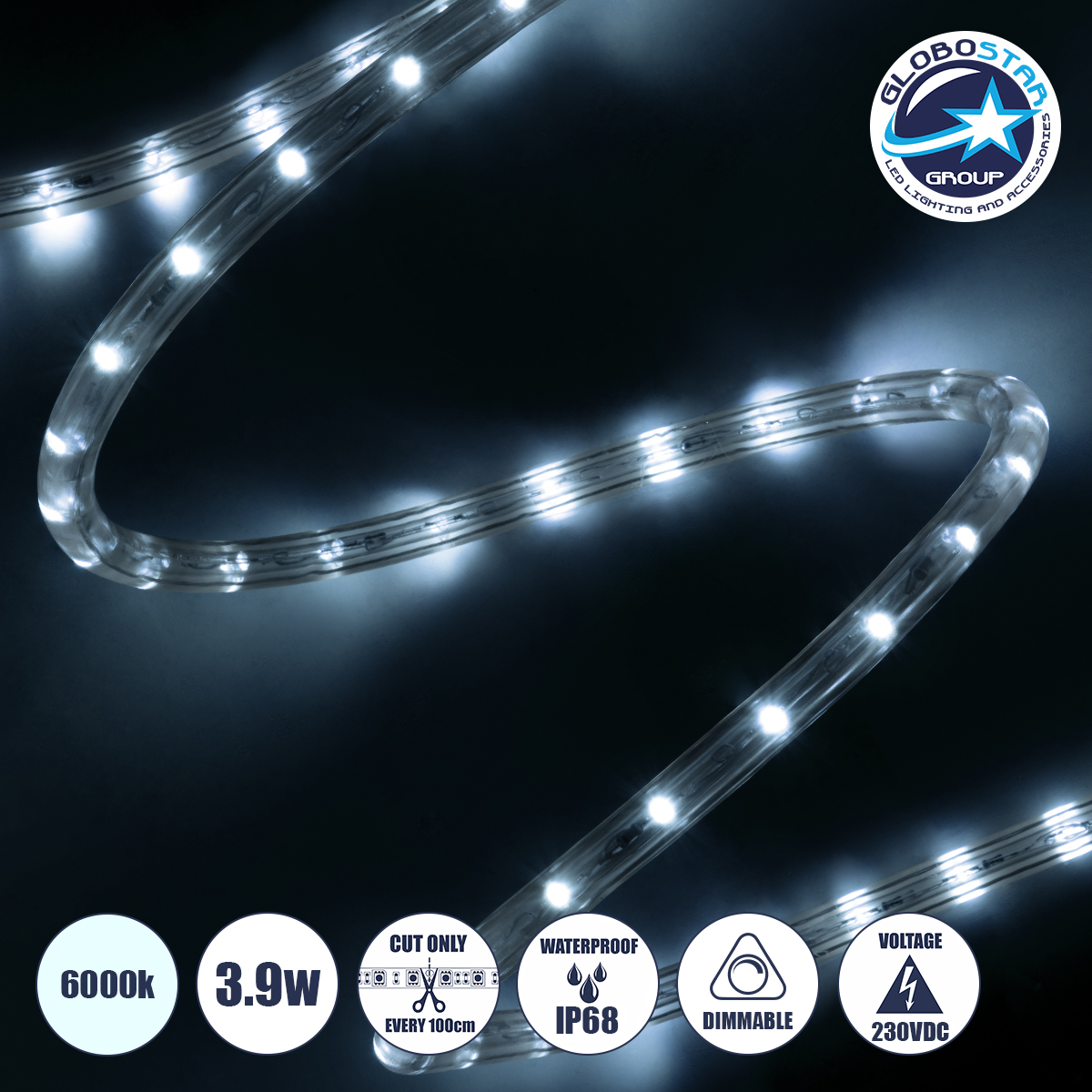 70600_1 GLOBOSTAR® LIGHTUBE 70600 Φωτοσωλήνας LED 3.9W/m 195lm/m 360° DC 220-240V Αδιάβροχο IP65 36 x Diode Chip/m Ψυχρό Λευκό 6000K Dimmable - Μ100 x Π1.2 x Υ1.2cm - 2 Χρόνια Εγγύηση - Image 1