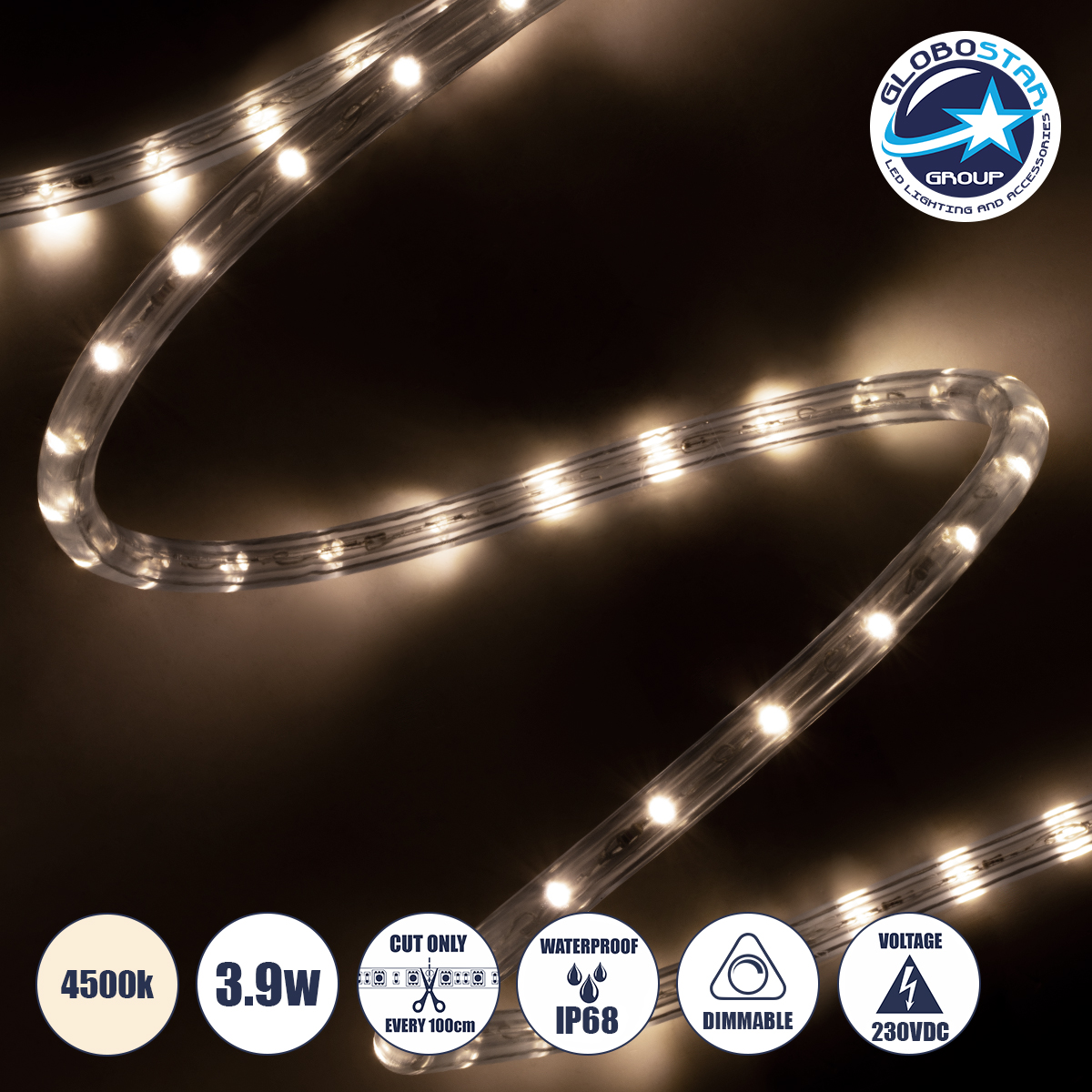 70601_1 GLOBOSTAR® LIGHTUBE 70601 Φωτοσωλήνας LED 3.9W/m 176lm/m 360° DC 220-240V Αδιάβροχο IP65 36 x Diode Chip/m Φυσικό Λευκό 4500K Dimmable - Μ100 x Π1.2 x Υ1.2cm - 2 Χρόνια Εγγύηση - Image 1