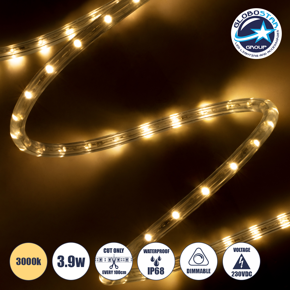 70602_1 GLOBOSTAR® LIGHTUBE 70602 Φωτοσωλήνας LED 3.9W/m 156lm/m 360° DC 220-240V Αδιάβροχο IP65 36 x Diode Chip/m Θερμό Λευκό 2700K Dimmable - Μ100 x Π1.2 x Υ1.2cm - 2 Χρόνια Εγγύηση - Image 1