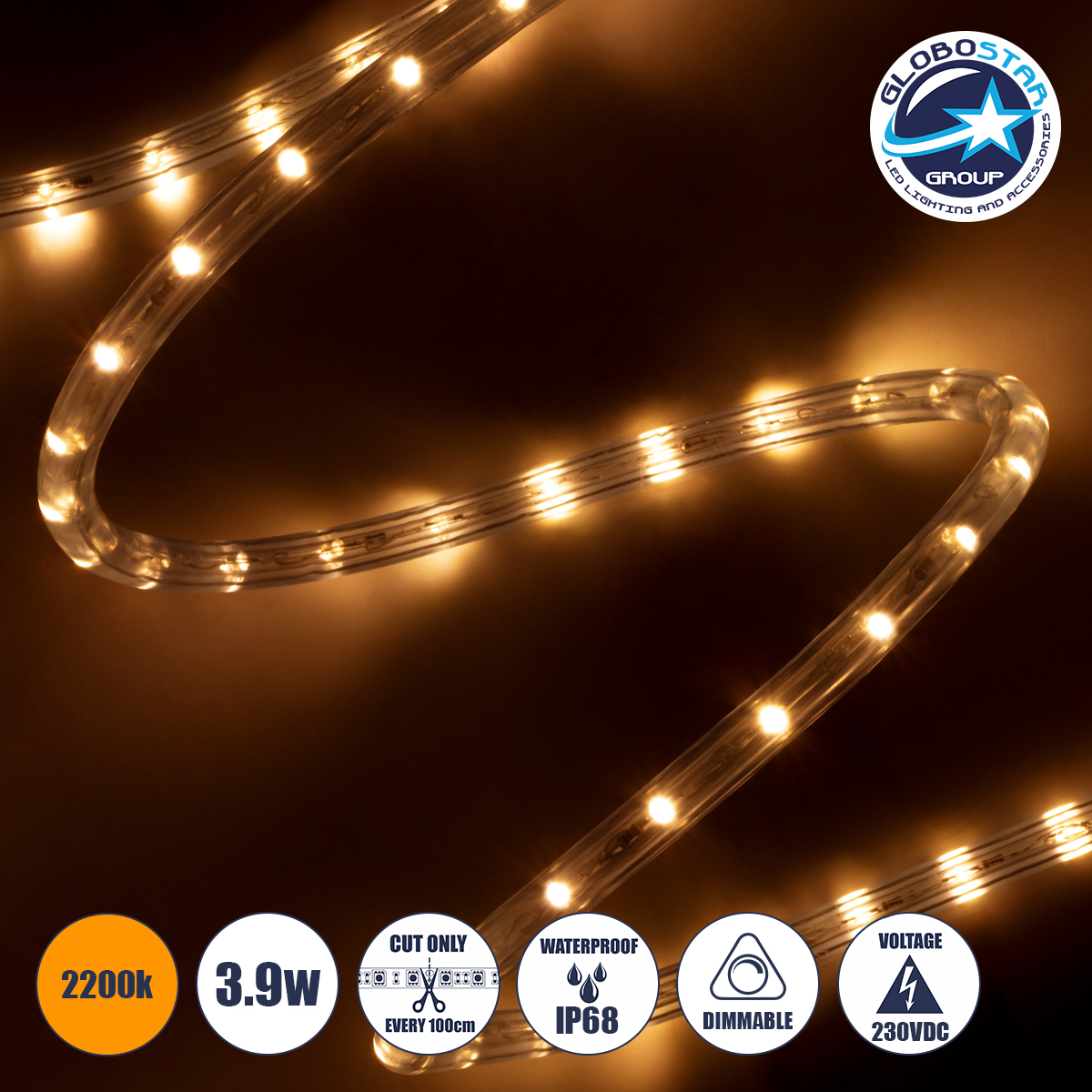 70603_1 GLOBOSTAR® LIGHTUBE 70603 Φωτοσωλήνας LED 3.9W/m 137lm/m 360° DC 220-240V Αδιάβροχο IP65 36 x Diode Chip/m Ultra Θερμό Λευκό 2200K Dimmable - Μ100 x Π1.2 x Υ1.2cm - 2 Χρόνια Εγγύηση - Image 1