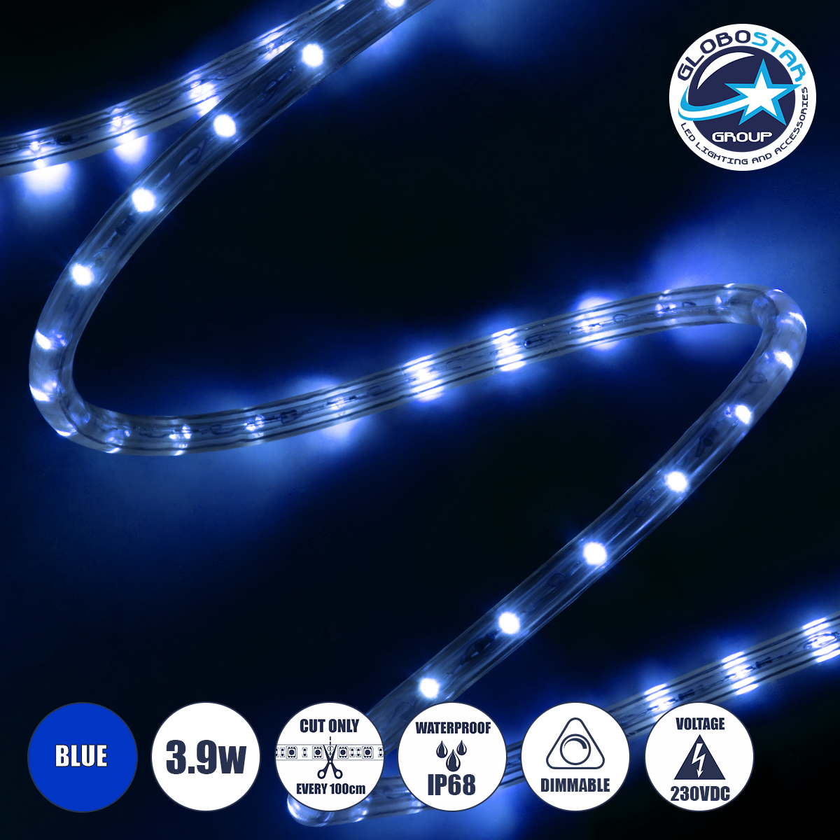70606_1 GLOBOSTAR® LIGHTUBE 70606 Φωτοσωλήνας LED 3.9W/m 117lm/m 360° DC 220-240V Αδιάβροχο IP65 36 x Diode Chip/m Μπλε Dimmable - Μ100 x Π1.2 x Υ1.2cm - 2 Χρόνια Εγγύηση - Image 1