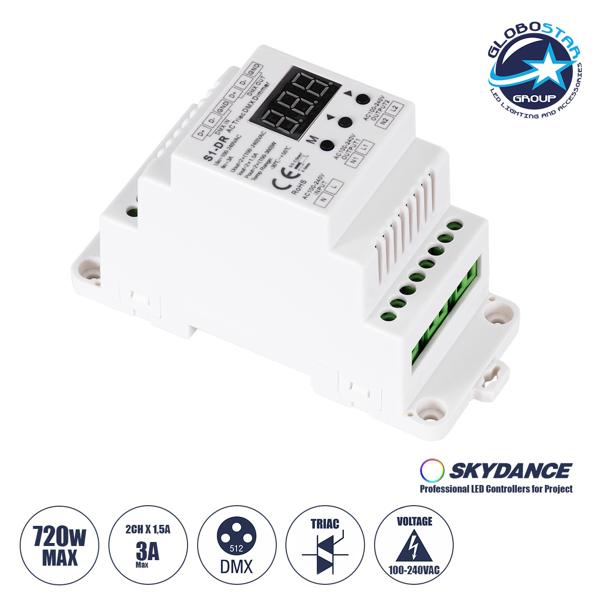 70670_1 GLOBOSTAR® SKYDANCE-S1-DR 70670 AC Trailing Edge DMX Dimmer Ράγας με 2 x 1.5A 360W Κανάλια AC 220-240V 3A 720W Max IP20 - DMX512 & RDM - Μ11.5 x Π5 x Υ6.5cm - 5 Χρόνια Εγγύηση - Image 1