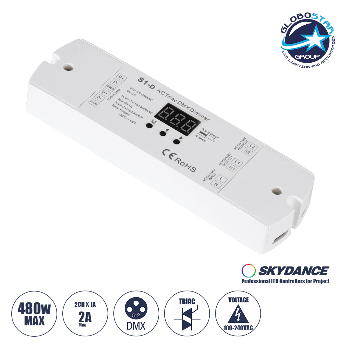 70671_1 GLOBOSTAR® SKYDANCE-S1-D 70671 AC Trailing Edge DMX Dimmer με 2 x 1A 240W Κανάλια AC 220-240V 2A 480W Max IP20 - DMX512 & RDM - Μ16.7 x Π5 x Υ2.4cm - 5 Χρόνια Εγγύηση - Image 1