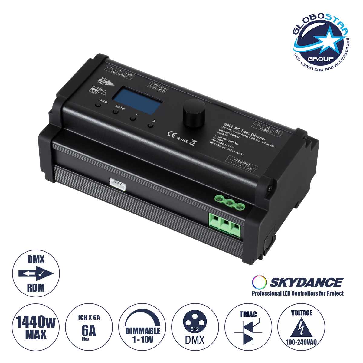 70674_1 GLOBOSTAR® SKYDANCE-SK1 70674 AC Trailing Edge DMX Dimmer Ράγας με 1 x 6A 1440W Κανάλι AC 220-240V 6A 1440W Max IP20 - DMX512 & RDM - Μ16.8 x Π9.3 x Υ8cm - 5 Χρόνια Εγγύηση - Image 1