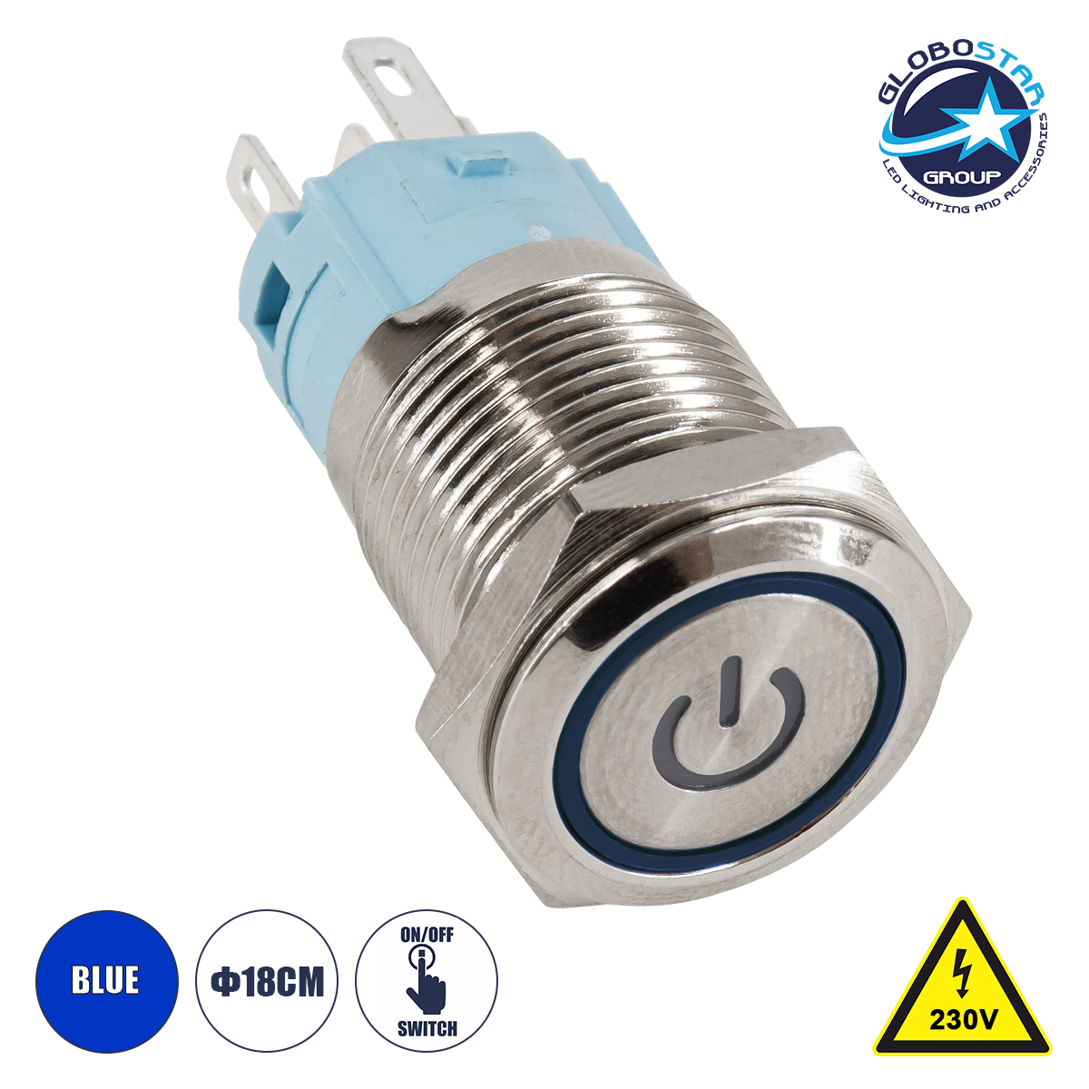 70773_1 GLOBOSTAR® BUTTON 70773 Φωτιζόμενος Χωνευτός Διακόπτης On/Off LED AC 220-240V 1 x 3A 690W Max Αδιάβροχο IP65 Μπλε - Μ1.8 x Π1.8 x Υ2cm - 2 Χρόνια Εγγύηση - Image 1