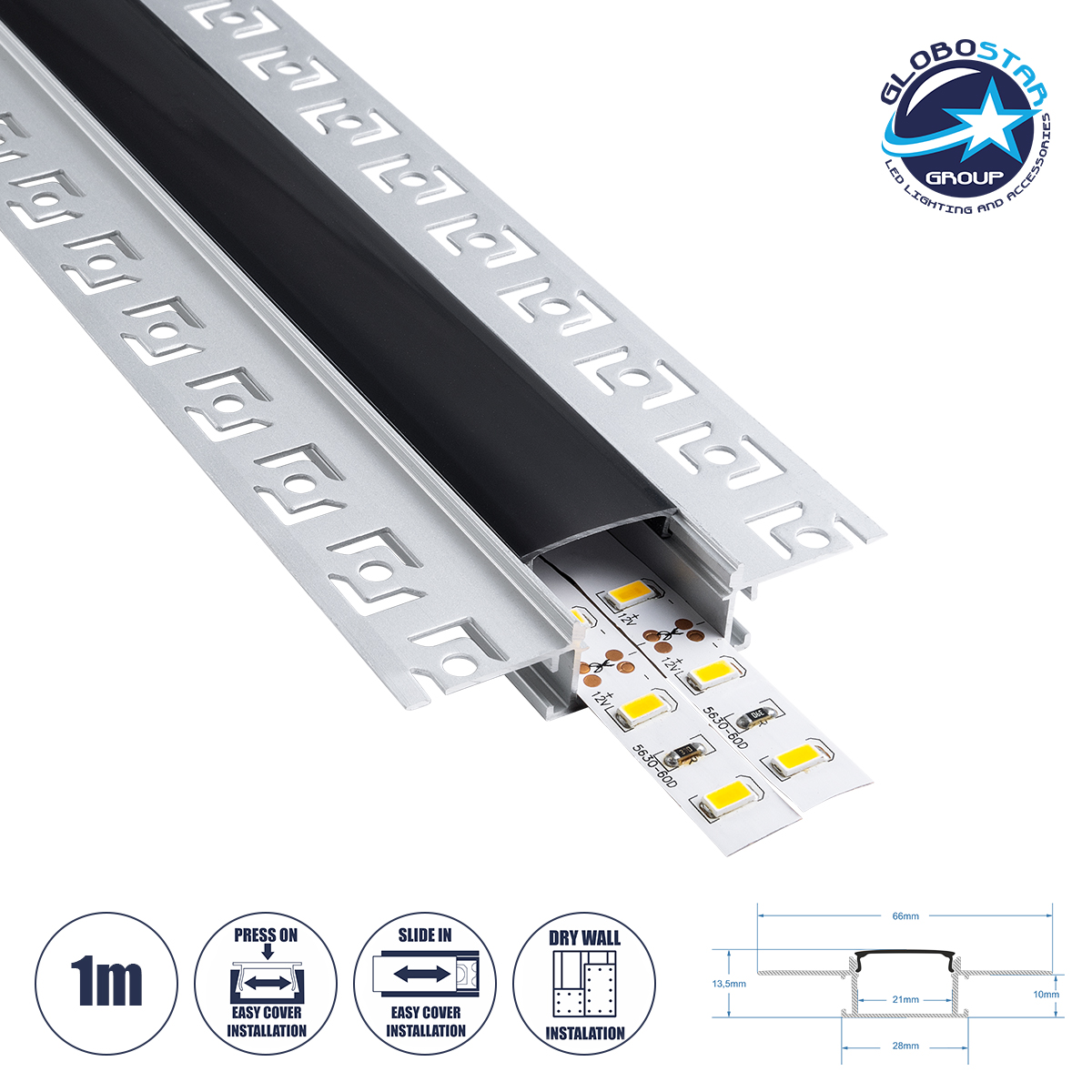 70820_1m_1 GloboStar® PLASTERBOARD-PROFILE 70820-1M Προφίλ Αλουμινίου - Βάση & Ψύκτρα Ταινίας LED με Μαύρο Φιμέ Κάλυμμα - Χωνευτή Χρήση σε Γυψοσανίδα - Trimless - Πατητό Κάλυμμα - Ασημί - 1 Μέτρο - Μ100 x Π6.7 x Υ1.4cm - Image 1