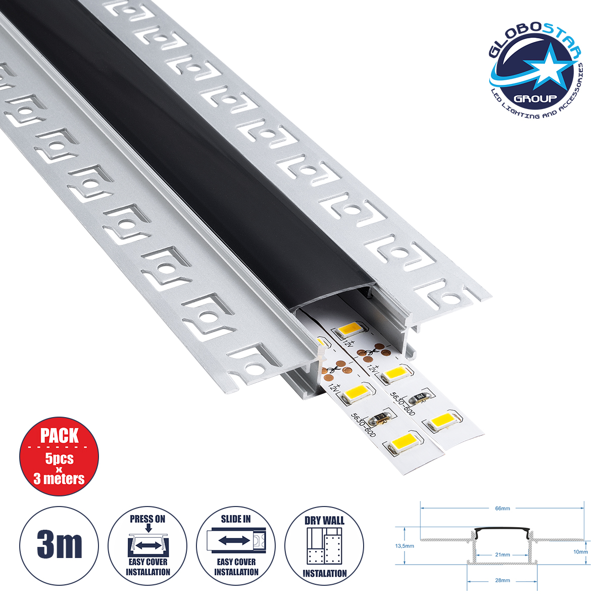 70820_3m_1 GLOBOSTAR® ALP-PLASTERIN GYPSO 70820-3M Χωνευτό Προφίλ Αλουμινίου Ειδικό για Γυψοσανίδα με Μαύρο Φιμέ Πατητό Κάλυμμα για Ταινίες LED IP20 - Ασημί & Μαύρο - Μ300 x Π6.7 x Υ1.4cm - Πακέτο 5 Τεμαχίων - Image 1