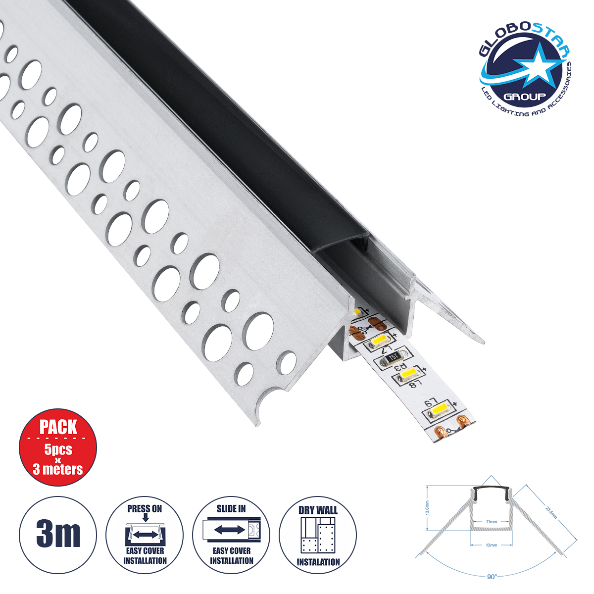 70822_3m_1 GLOBOSTAR® ALP-PLASTERIN GYPSO 70822-3M Χωνευτό Προφίλ Αλουμινίου Ειδικό για Εξωτερική Γωνία Γυψοσανίδας με Μαύρο Φιμέ Πατητό Κάλυμμα για Ταινίες LED IP20 - Ασημί & Μαύρο - Μ300 x Π4.5 x Υ2cm - Πακέτο 5 Τεμαχίων - Image 1