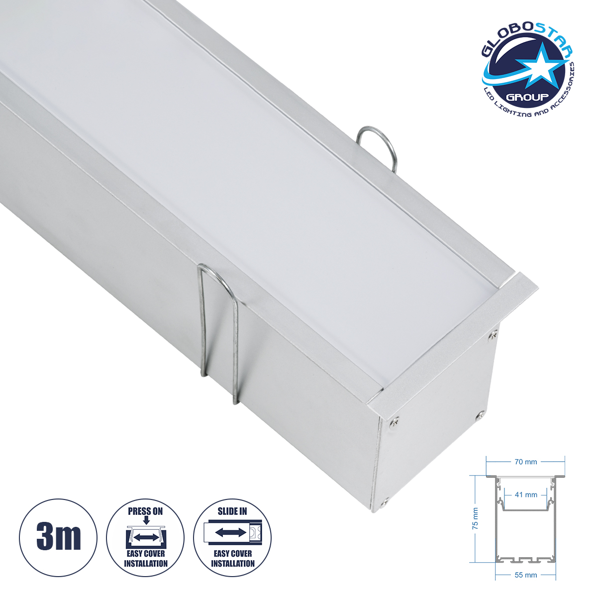 70829_3m_01 GloboStar® RECESS-PROFILE 70829-3M Προφίλ Αλουμινίου - Βάση & Ψύκτρα Ταινίας LED με Λευκό Γαλακτερό Κάλυμμα - Χωνευτή Χρήση - Πατητό Κάλυμμα - Ασημί - 3 Μέτρα - Μ300 x Π7.5 x Υ7cm - Image 1