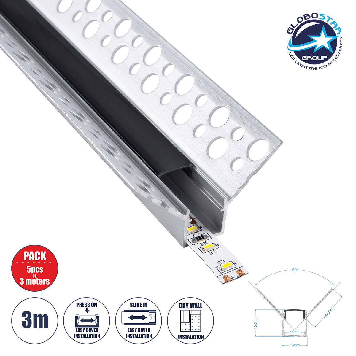 70837_3m_1 GLOBOSTAR® ALP-PLASTERIN GYPSO 70837-3M Χωνευτό Προφίλ Αλουμινίου Ειδικό για Εσωτερική Γωνία Γυψοσανίδας με Μαύρο Φιμέ Πατητό Κάλυμμα για Ταινίες LED IP20 - Ασημί & Μαύρο - Μ300 x Π3.1 x Υ1.3cm - Πακέτο 5 Τεμαχίων - Image 1