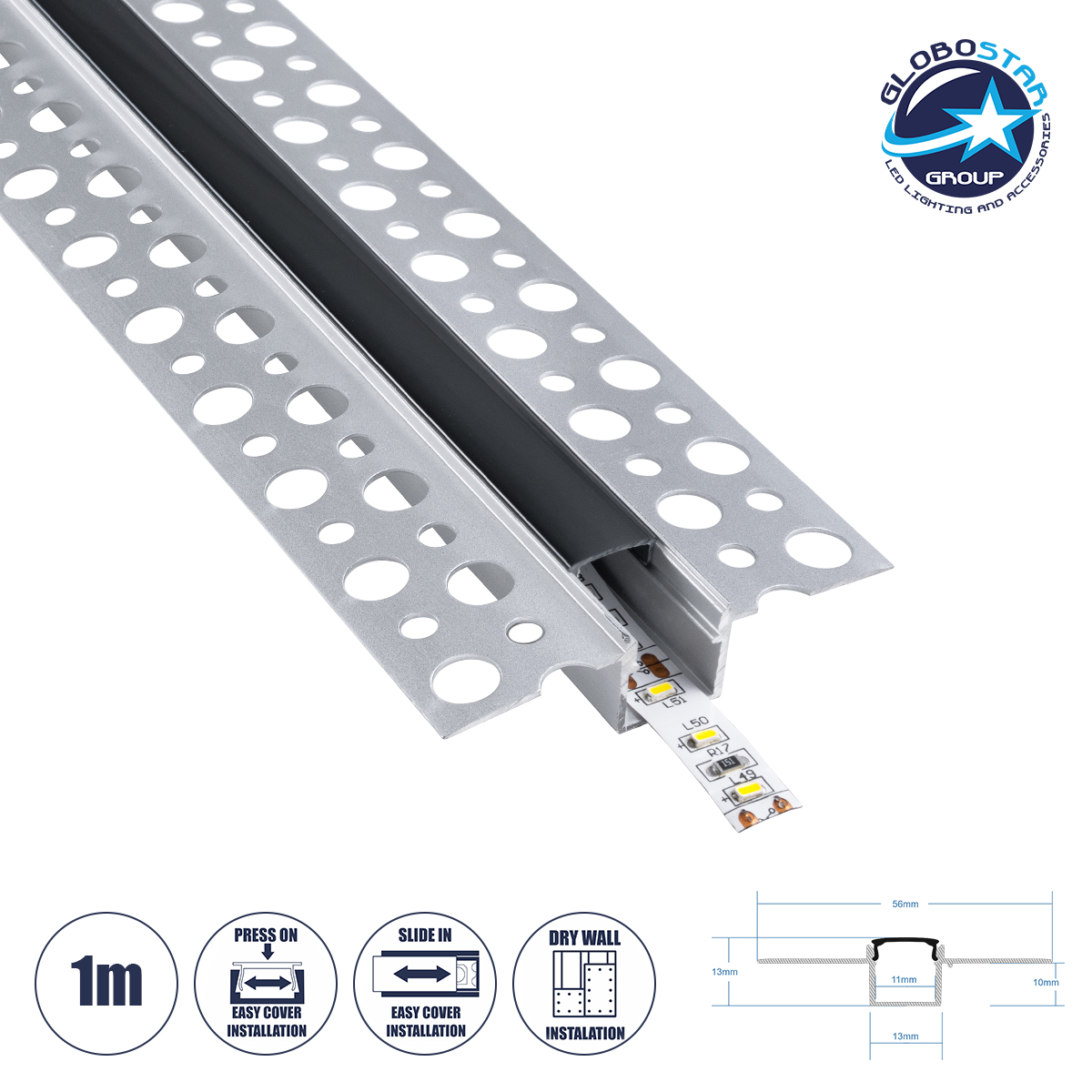 70839_1m_1 GLOBOSTAR® ALP-PLASTERIN GYPSO 70839-1M Χωνευτό Προφίλ Αλουμινίου Ειδικό για Γυψοσανίδα με Μαύρο Φιμέ Πατητό Κάλυμμα για Ταινίες LED IP20 - Ασημί & Μαύρο - Μ100 x Π5.6 x Υ1.5cm - Image 1
