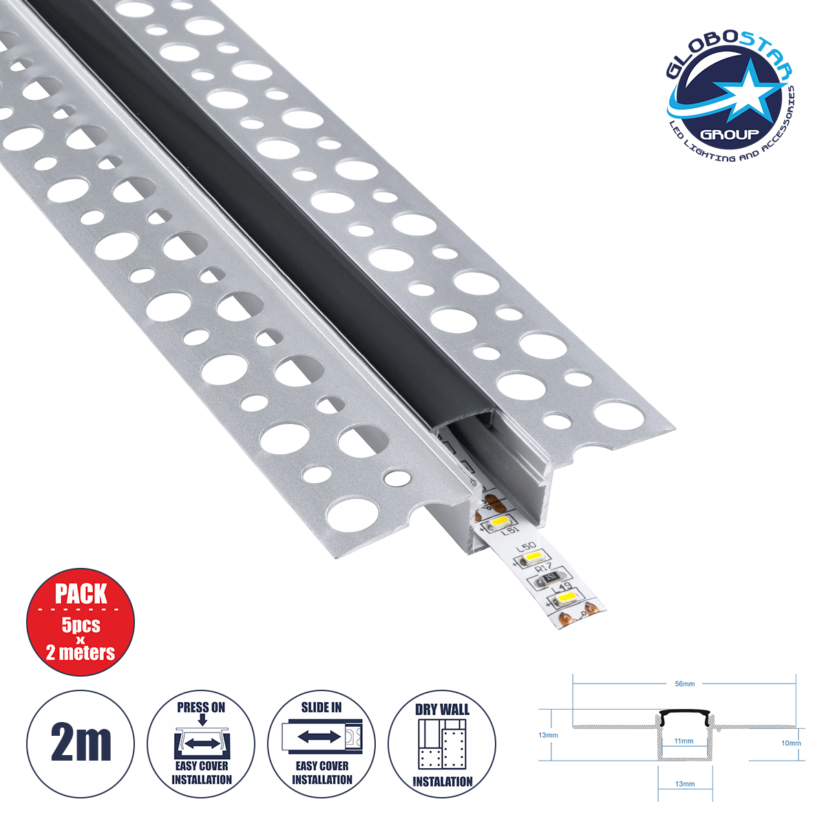70839_2m_1 GLOBOSTAR® ALP-PLASTERIN GYPSO 70839-2M Χωνευτό Προφίλ Αλουμινίου Ειδικό για Γυψοσανίδα με Μαύρο Φιμέ Πατητό Κάλυμμα για Ταινίες LED IP20 - Ασημί & Μαύρο - Μ200 x Π5.6 x Υ1.5cm - Πακέτο 5 Τεμαχίων - Image 1