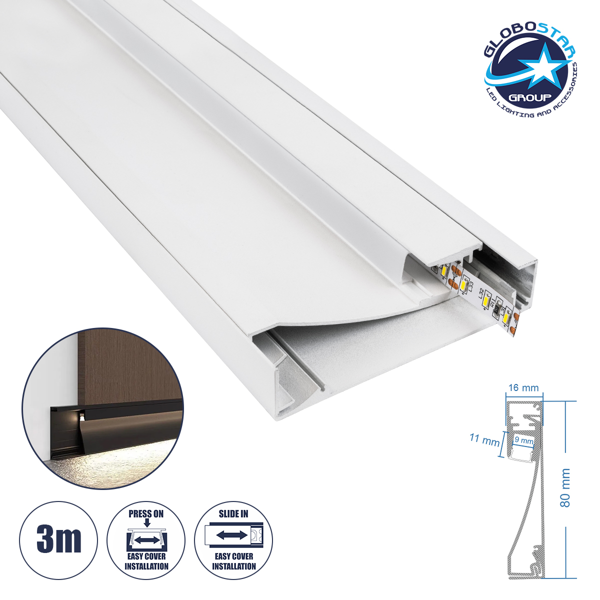 70851_3m_01 GloboStar® SKIRTINGBOARD-PROFILE 70851-3M Προφίλ Αλουμινίου - Βάση & Ψύκτρα Ταινίας LED με Λευκό Γαλακτερό Κάλυμμα - Επιφανειακή Χρήση για Περβάζι - Πατητό Κάλυμμα - Λευκό - 3 Μέτρα - Μ300 x Π1.6 x Υ8cm - Image 1