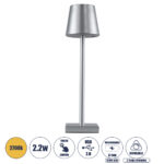 GLOBOSTAR® NEGA 60476 Μοντέρνο Επιτραπέζιο Φωτιστικό LED 2.2W 154lm 360° DC 5V με USB με Επαναφορτιζόμενη Μπαταρία Li-ion 3.7V 4000mAh IP20 Θερμό Λευκό 2700K με Αφή Dimmable - Lumileds SMD Chip - Ασημί - Μ10 x Π10 x Υ39cm - 2 Χρόνια Εγγύηση - Image 2