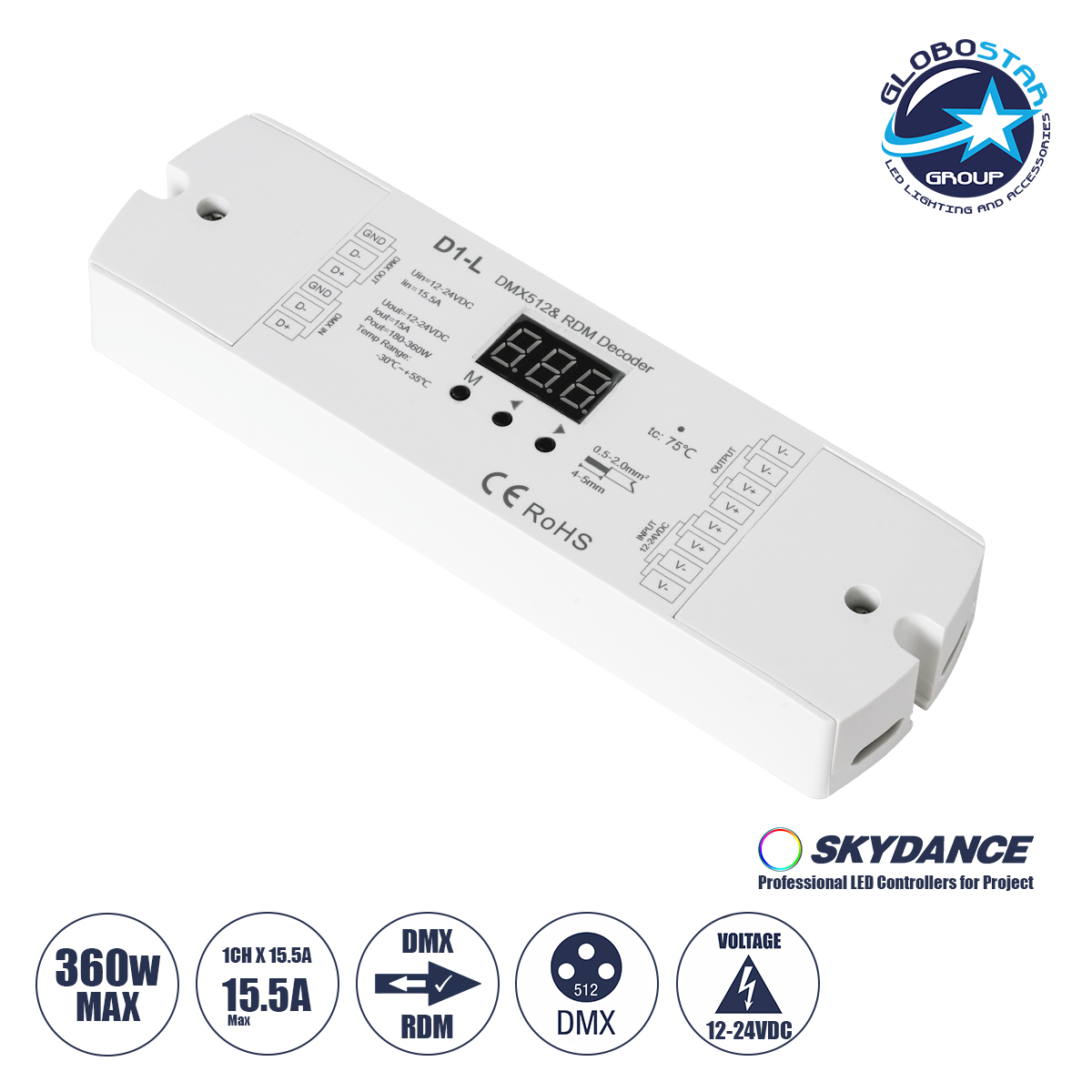 71446_1 GLOBOSTAR® SKYDANCE-D1-L 71446 DC DMX Master Dimmer / Controller / Decoder Υψηλής Ταχύτητας με 1 x 15.5A 360W Κανάλια DC 12-24V 15.5A 360W Max IP20 - DMX512 & RDM - Μ17 x Π5 x Υ2.5cm - 5 Χρόνια Εγγύηση - Image 1