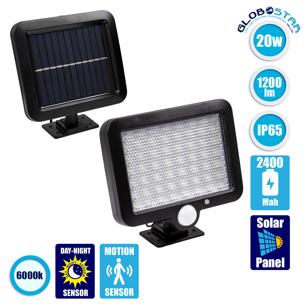 71458_1 GLOBOSTAR® ZETA 71458 Προβολέας με Ανιχνευτή PIR / Αισθητήρα Κίνησης LED 10W 400lm 120° DC 5V με Φωτοβολταϊκό Panel 5V 1W & Επαναφορτιζόμενη Μπαταρία Li-ion 3.2V 2400mAh Αδιάβροχο IP65 Ψυχρό Λευκό 6000K - Sanan SMD Chip - Μαύρο - Μ15 x Π3.5 x Υ13cm - 2 Χρόνια Εγγύηση - Image 1