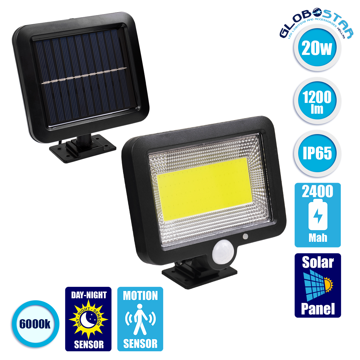 71460_1 GLOBOSTAR® ZETA 71460 Προβολέας με Ανιχνευτή PIR / Αισθητήρα Κίνησης LED 20W 600lm 120° DC 5V με Φωτοβολταϊκό Panel 5V 1W & Επαναφορτιζόμενη Μπαταρία Li-ion 3.2V 2400mAh Αδιάβροχο IP65 Ψυχρό Λευκό 6000K - Sanan COB Chip - Μαύρο - Μ15 x Π3.5 x Υ13cm - 2 Χρόνια Εγγύηση - Image 1