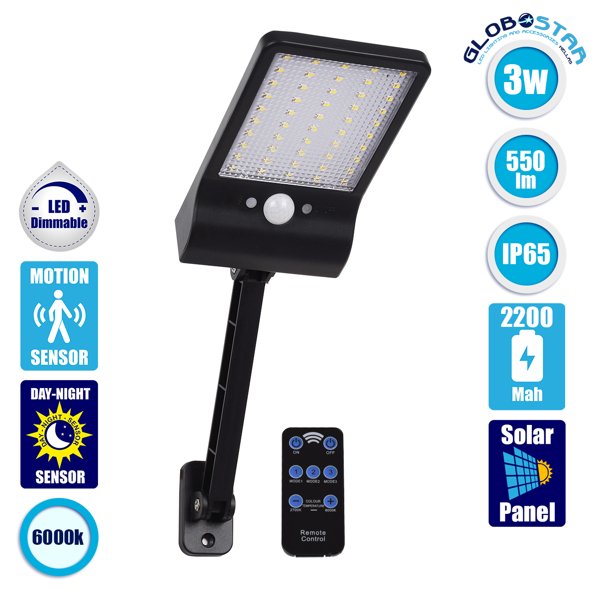 71466_1 GLOBOSTAR® RASOL 71466 Προβολέας με Ανιχνευτή PIR / Αισθητήρα Κίνησης & IR Ασύρματο Χειριστήριο LED 3W 150lm 120° DC 5V με Φωτοβολταϊκό Panel 5V 0.3W & Επαναφορτιζόμενη Μπαταρία Li-ion 3.2V 2200mAh Αδιάβροχο IP65 Ψυχρό Λευκό 6000K Dimmable - Sanan SMD Chip - Μαύρο - Μ16.5 x Π9 x Υ3cm - 2 Χρόνια Εγγύηση - Image 1