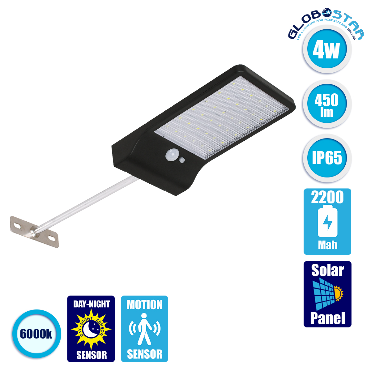 71469_1 GLOBOSTAR® RASOL 71469 Προβολέας με Ανιχνευτή PIR / Αισθητήρα Κίνησης LED 4W 200lm 120° DC 5V με Φωτοβολταϊκό Panel 5V 0.3W & Επαναφορτιζόμενη Μπαταρία Li-ion 3.2V 2200mAh Αδιάβροχο IP65 Ψυχρό Λευκό 6000K - Sanan SMD Chip - Μαύρο - Μ18.5 x Π11 x Υ3cm - 2 Χρόνια Εγγύηση - Image 1