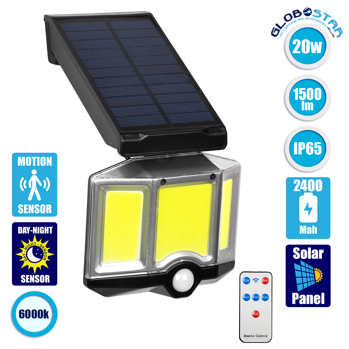 71482_1 GLOBOSTAR® ORVION 71482 Προβολέας με IR Ασύρματο Χειριστήριο LED 20W 1000lm 120° DC 5V με Φωτοβολταϊκό Panel 5V 1W & Επαναφορτιζόμενη Μπαταρία Li-ion 3.2V 2400mAh Αδιάβροχο IP65 Ψυχρό Λευκό 6000K Dimmable - Sanan COB Chip - Μαύρο - Μ12.5 x Π3.5 x Υ10cm - 2 Χρόνια Εγγύηση - Image 1