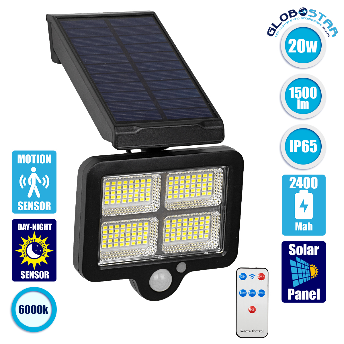 71483_1 GLOBOSTAR® ORVION 71483 Προβολέας με IR Ασύρματο Χειριστήριο LED 20W 1000lm 120° DC 5V με Φωτοβολταϊκό Panel 5V 1W & Επαναφορτιζόμενη Μπαταρία Li-ion 3.2V 2400mAh Αδιάβροχο IP65 Ψυχρό Λευκό 6000K Dimmable - Sanan SMD Chip - Μαύρο - Μ12.5 x Π3.5 x Υ10cm - 2 Χρόνια Εγγύηση - Image 1