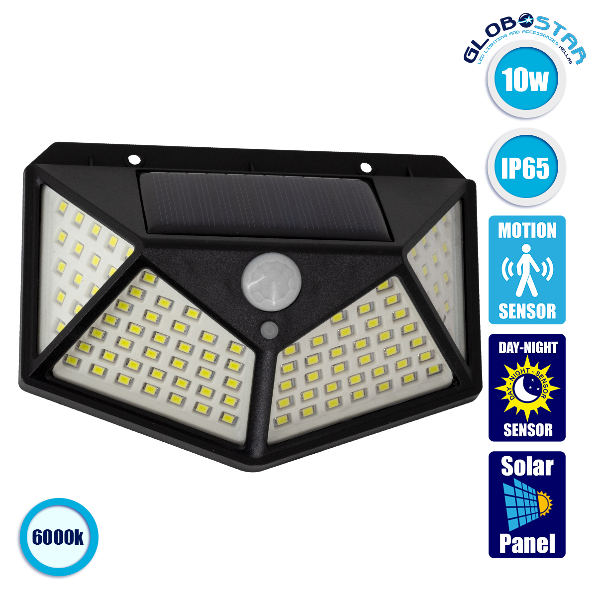 71499_1 GLOBOSTAR® NOVAQ 71499 Προβολέας με Ανιχνευτή PIR / Αισθητήρα Κίνησης LED 10W 500lm 180° DC 5V με Φωτοβολταϊκό Panel 5V 0.3W & Επαναφορτιζόμενη Μπαταρία Li-ion 3.2V 1200mAh Αδιάβροχο IP65 Ψυχρό Λευκό 6000K - Sanan SMD Chip - Μαύρο - Μ13.6 x Π5.2 x Υ9.9cm - 2 Χρόνια Εγγύηση - Image 1