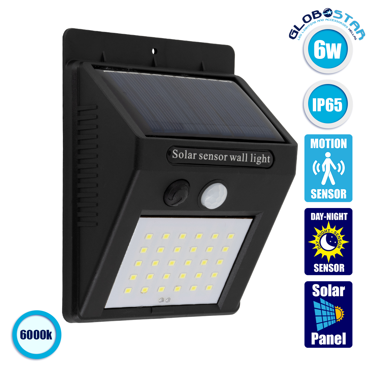 71500_1 GLOBOSTAR® VELION 71500 Προβολέας με Ανιχνευτή PIR / Αισθητήρα Κίνησης LED 6W 300lm 120° DC 5V με Φωτοβολταϊκό Panel 5V 0.3W & Επαναφορτιζόμενη Μπαταρία Li-ion 3.2V 1200mAh Αδιάβροχο IP65 Ψυχρό Λευκό 6000K - Sanan SMD Chip - Μαύρο - Μ9.6 x Π4.8 x Υ12.4cm - 2 Χρόνια Εγγύηση - Image 1