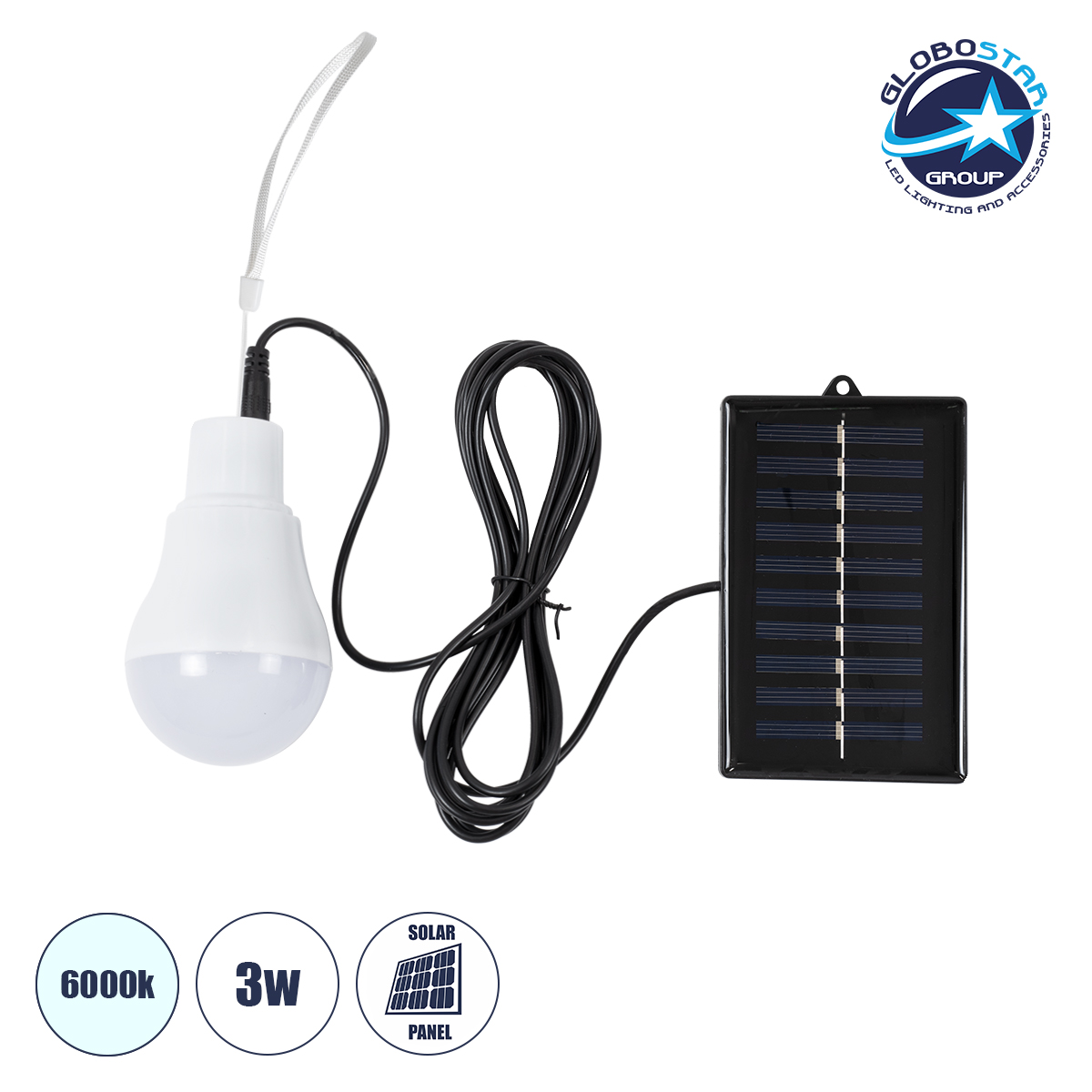 71502_1 GLOBOSTAR® SOLARLAMP 71502 Λάμπα A60 LED 3W 150lm 260° DC 5V με Φωτοβολταϊκό Panel 5V 0.2W & Επαναφορτιζόμενη Μπαταρία Li-ion 3.2V 600mAh IP20 Ψυχρό Λευκό 6000K - Μ6 x Π6 x Υ10cm - 2 Χρόνια Εγγύηση - Image 1