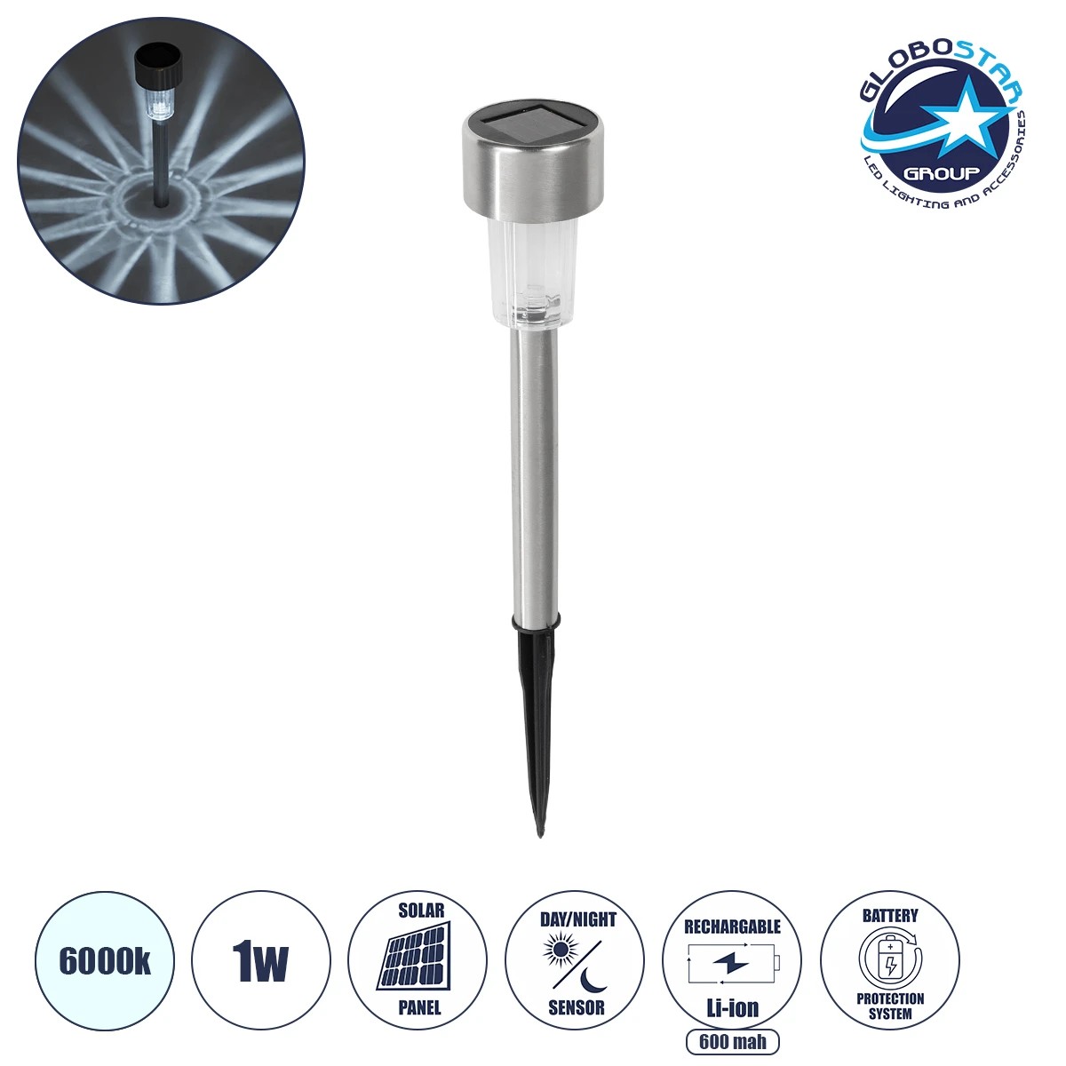 71520_1 GLOBOSTAR® SOLARDECOR 71520 Διακοσμητικό Φωτιστικό Κήπου LED 1W 50lm 180° DC 5V με Φωτοβολταϊκό Panel 5V 0.1W & Επαναφορτιζόμενη Μπαταρία Li-ion 3.2V 600mAh Αδιάβροχο IP65 Ψυχρό Λευκό 6000K - Μ4.7 x Π4.7 x Υ29.5cm - 2 Χρόνια Εγγύηση - Image 1