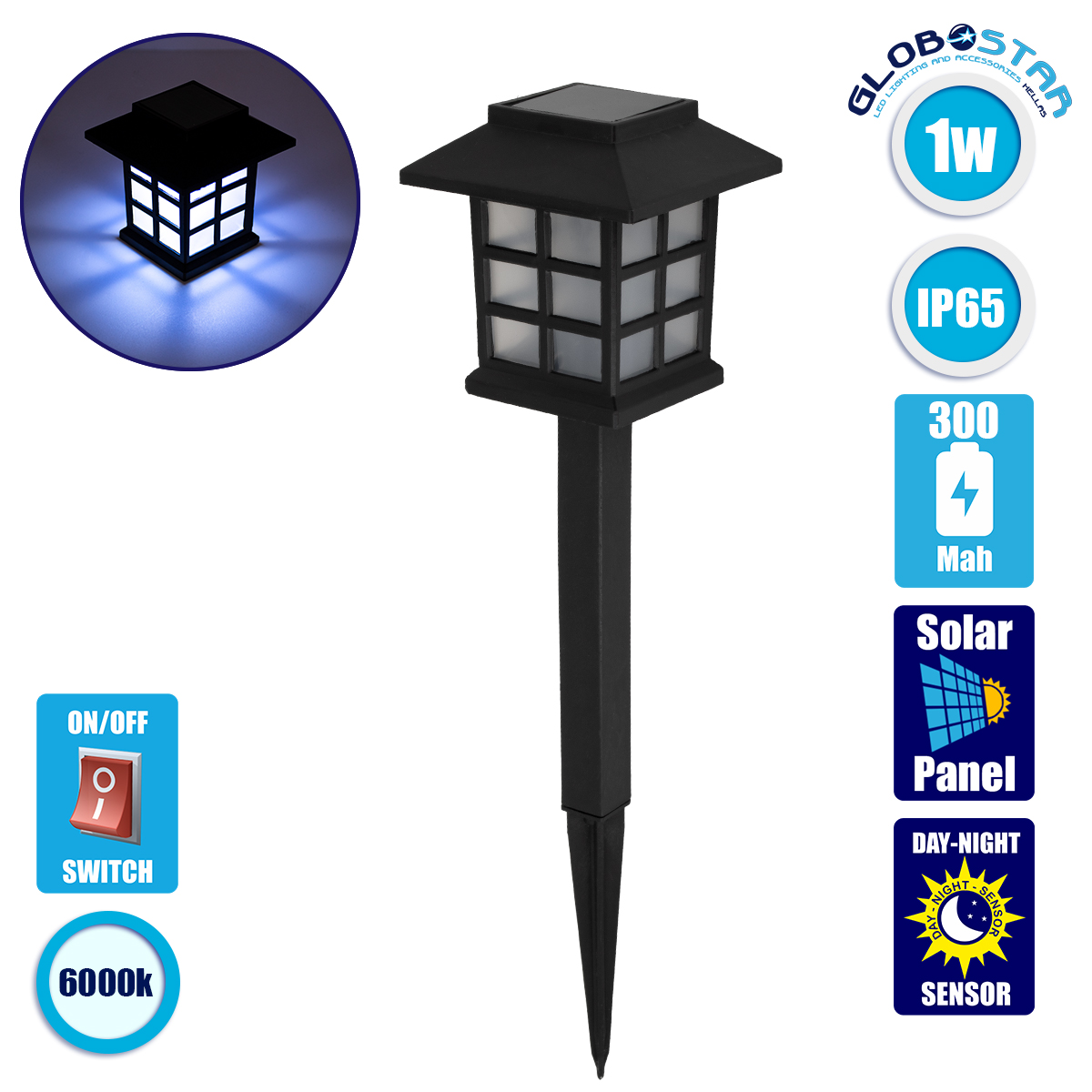 71523_1 GLOBOSTAR® SOLARVERDE 71523 Διακοσμητικό Φωτιστικό Κήπου LED 1W 50lm 180° DC 5V με Φωτοβολταϊκό Panel 5V 0.1W & Επαναφορτιζόμενη Μπαταρία Li-ion 3.2V 300mAh Αδιάβροχο IP65 Ψυχρό Λευκό 6000K - Μ8.5 x Π8.5 x Υ23.5cm - 2 Χρόνια Εγγύηση - Image 1