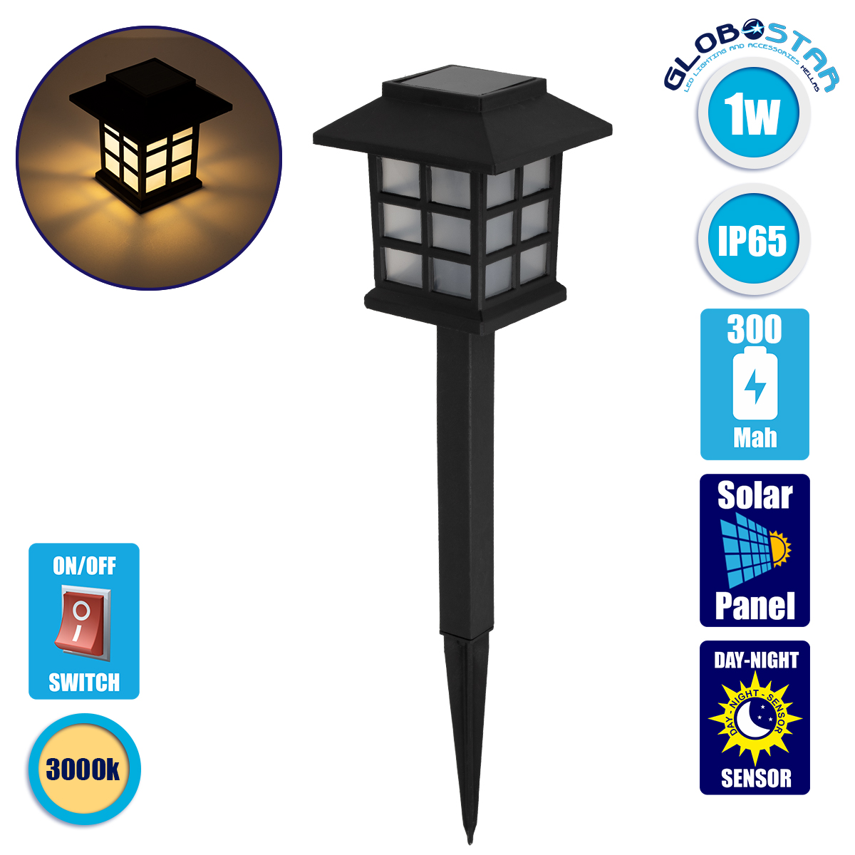 71524_1 GLOBOSTAR® SOLARVERDE 71524 Διακοσμητικό Φωτιστικό Κήπου LED 1W 40lm 180° DC 5V με Φωτοβολταϊκό Panel 5V 0.1W & Επαναφορτιζόμενη Μπαταρία Li-ion 3.2V 300mAh Αδιάβροχο IP65 Θερμό Λευκό 2700K - Μ8.5 x Π8.5 x Υ23.5cm - 2 Χρόνια Εγγύηση - Image 1