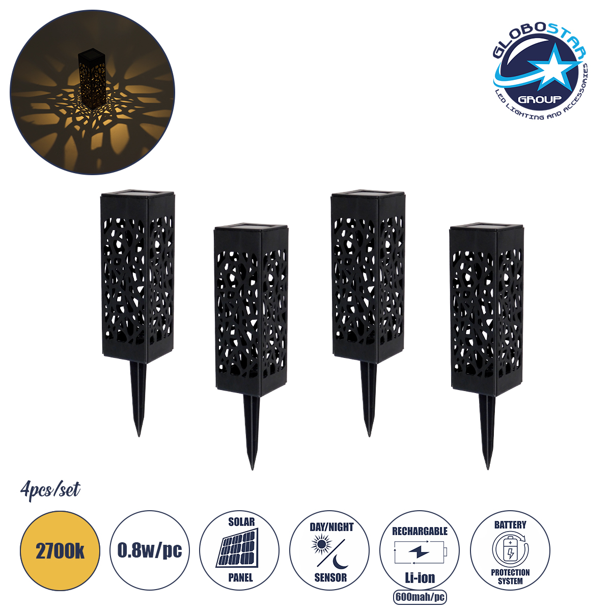 71526_1 GloboStar® TRIBAL 71526 ΣΕΤ 4 Τεμαχίων Αυτόνομα Ηλιακά Φωτιστικά LED SMD 0.80W/Τεμ. 80lm/Τεμ. με Ενσωματωμένη Μπαταρία 600mAh - Φωτοβολταϊκό Πάνελ με Αισθητήρα Ημέρας-Νύχτας Αδιάβροχο IP65 Φανάρι Κήπου Τετράγωνο Θερμό Λευκό 2700K Μ6 x Π6 x Υ18cm - 1 Χρόνo Εγγύηση - Image 1