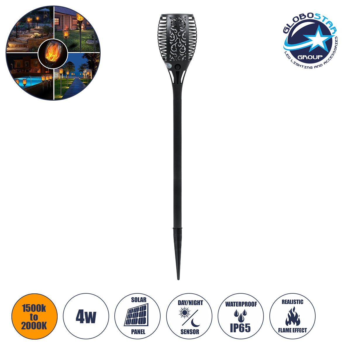 71528_1 GLOBOSTAR® SOLARDECOR 71528 Διακοσμητικό Φωτιστικό Κήπου LED 4W 140lm 180° DC 5V με Φωτοβολταϊκό Panel 5V 0.2W & Επαναφορτιζόμενη Μπαταρία Li-ion 3.2V 800mAh Αδιάβροχο IP65 Ultra Θερμό Λευκό 1500-2000K με Εφέ Φλόγας - Μ9.5 x Π9.5 x Υ60cm - 2 Χρόνια Εγγύηση - Image 1