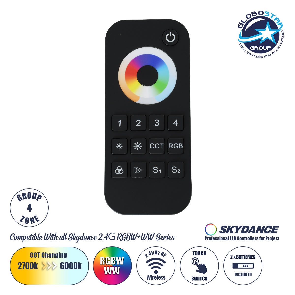 71544_01 GLOBOSTAR® SKYDANCE-RT10 71544 RF Ασύρματο Χειριστήριο Αφής 4 Group για όλα τα Πολύχρωμα RGBW+WW SKYDANCE Controller - DC 3V 2 x AAA IP20 - RF2.4Ghz - Μ12.2 x Π5.3 x Υ1.7cm - 5 Χρόνια Εγγύηση - Image 1