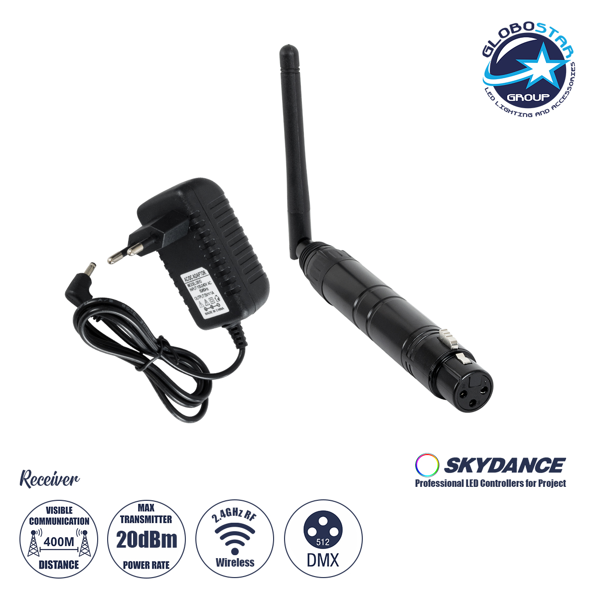 71578_1 GLOBOSTAR® SKYDANCE-DM-WR 71578 DMX512 Ασύρματος Δέκτης RF 2.4Ghz ISM GFSK 20dBm 400m Θηλυκό XLR3 DC 5V IP20 - Μ1.9 x Π1.9 x Υ22cm - 5 Χρόνια Εγγύηση - Image 1
