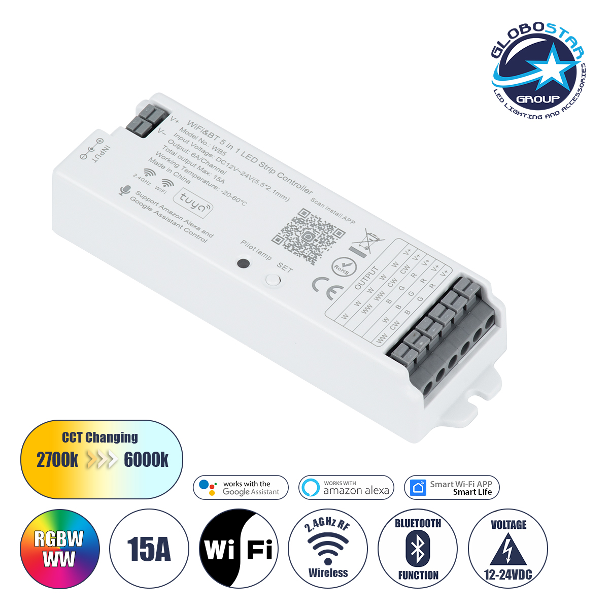 73008_1 GLOBOSTAR® TUYA-WB5 73008 DC WiFi & Bluetooth Master Dimmer / Controller Υψηλής Ταχύτητας με 5 x 6A 72W Κανάλια DC 12-24V 15A 360W Max IP20 - WiFi & Bluetooth - Μ12.2 x Π3.8 x Υ2.2cm - 5 Χρόνια Εγγύηση - Image 1