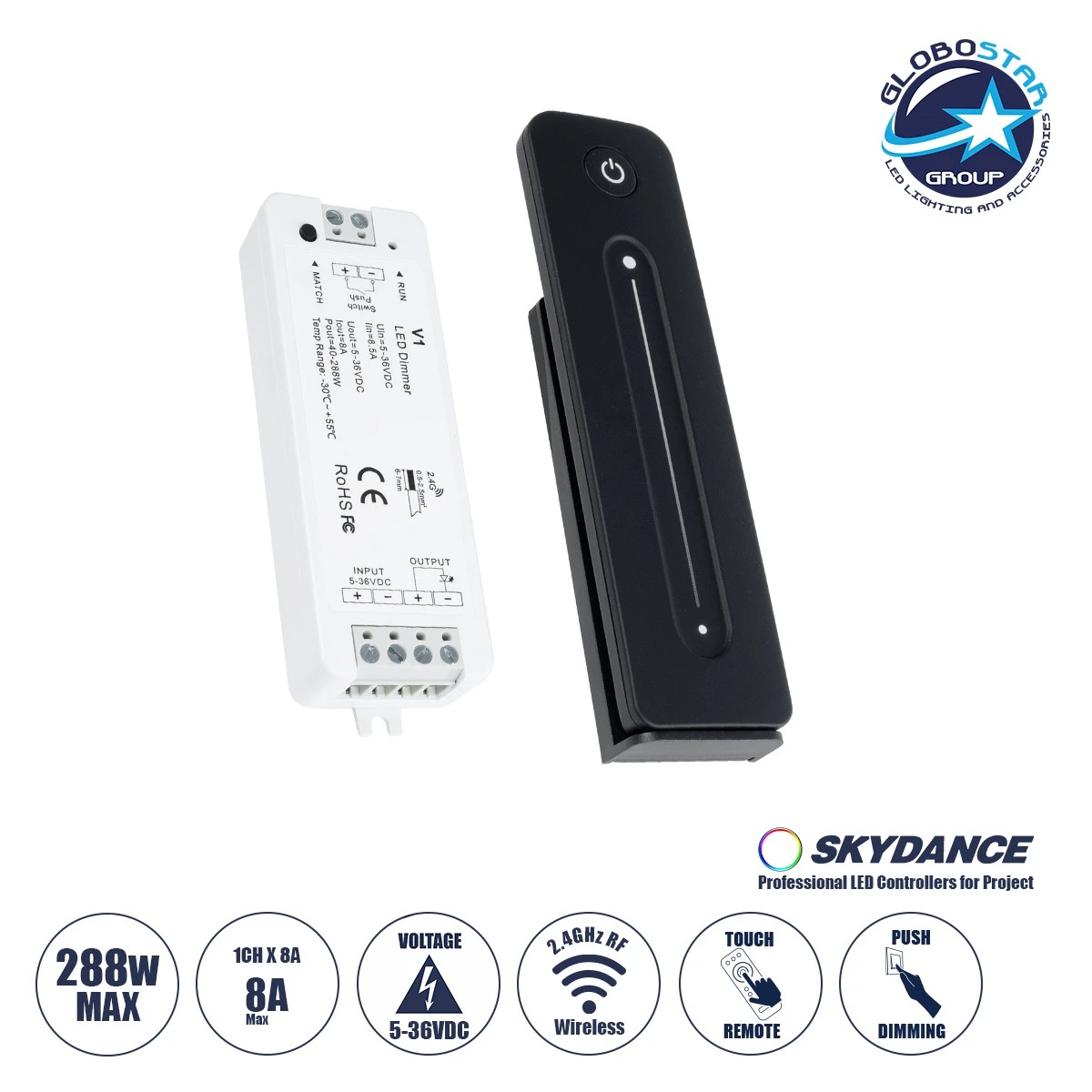 73119_1 GLOBOSTAR® SKYDANCE-V1+R11 73119 DC RF 2.4Ghz Push Dimmer με RF Ασύρματο Χειριστήριο Αφής με 1 x 8A 288W Κανάλι DC 5-36V 8A 288W Max IP20 - RF 2.4Ghz & Push Dimming - Μ12.2 x Π5.3 x Υ1.7cm - 5 Χρόνια Εγγύηση - Image 1