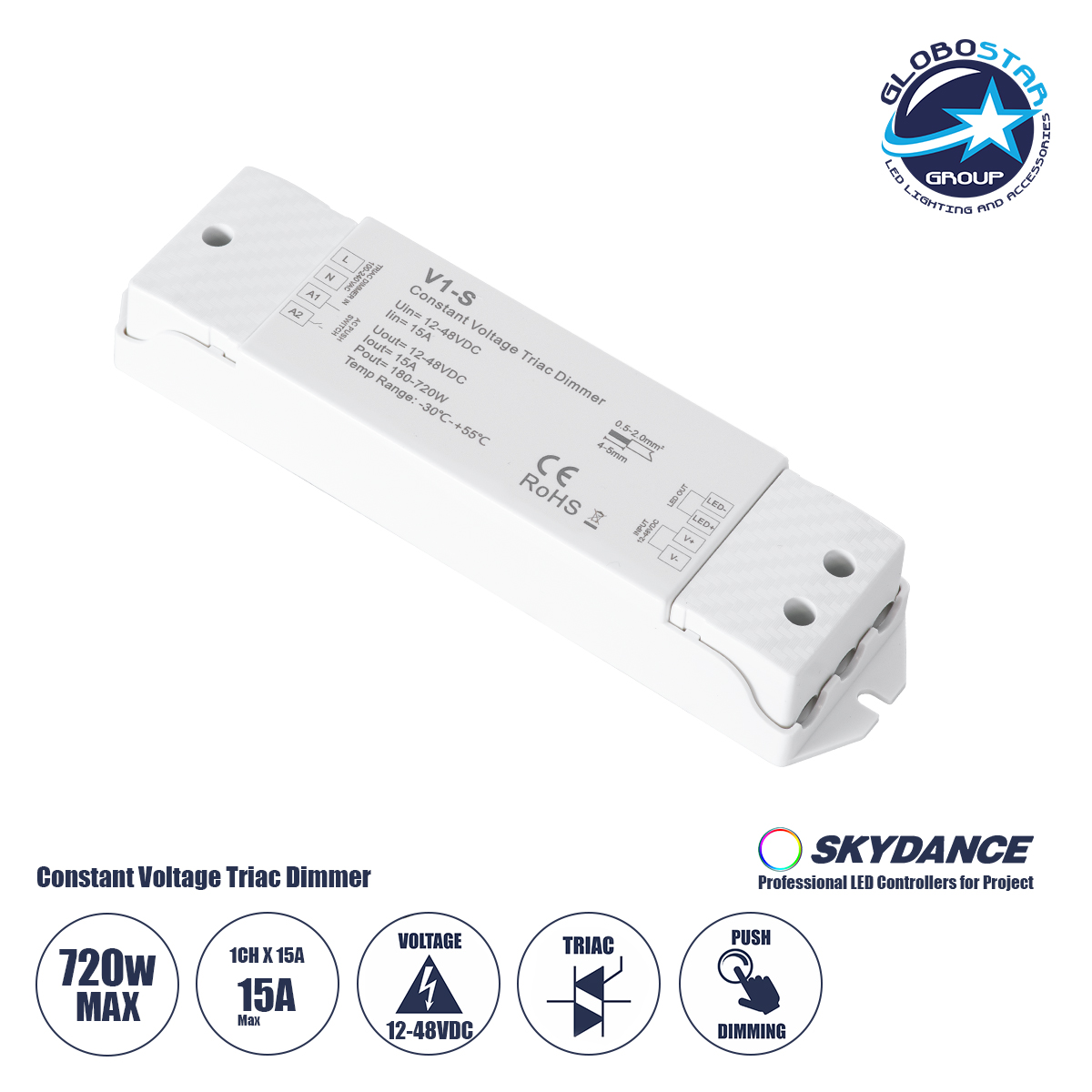 73127_01 GLOBOSTAR® SKYDANCE-V1-S 73127 DC Triac & Push Dimmer CV Τροφοδοτικό/Μετασχηματιστής SELV με 1 x 15A 720W Κανάλι AC 220-240V σε DC 12-48V 15A 720W Max IP20 - Triac & Push Dimming - Μ17.5 x Π4.5 x Υ2.5cm - 5 Χρόνια Εγγύηση - Image 1